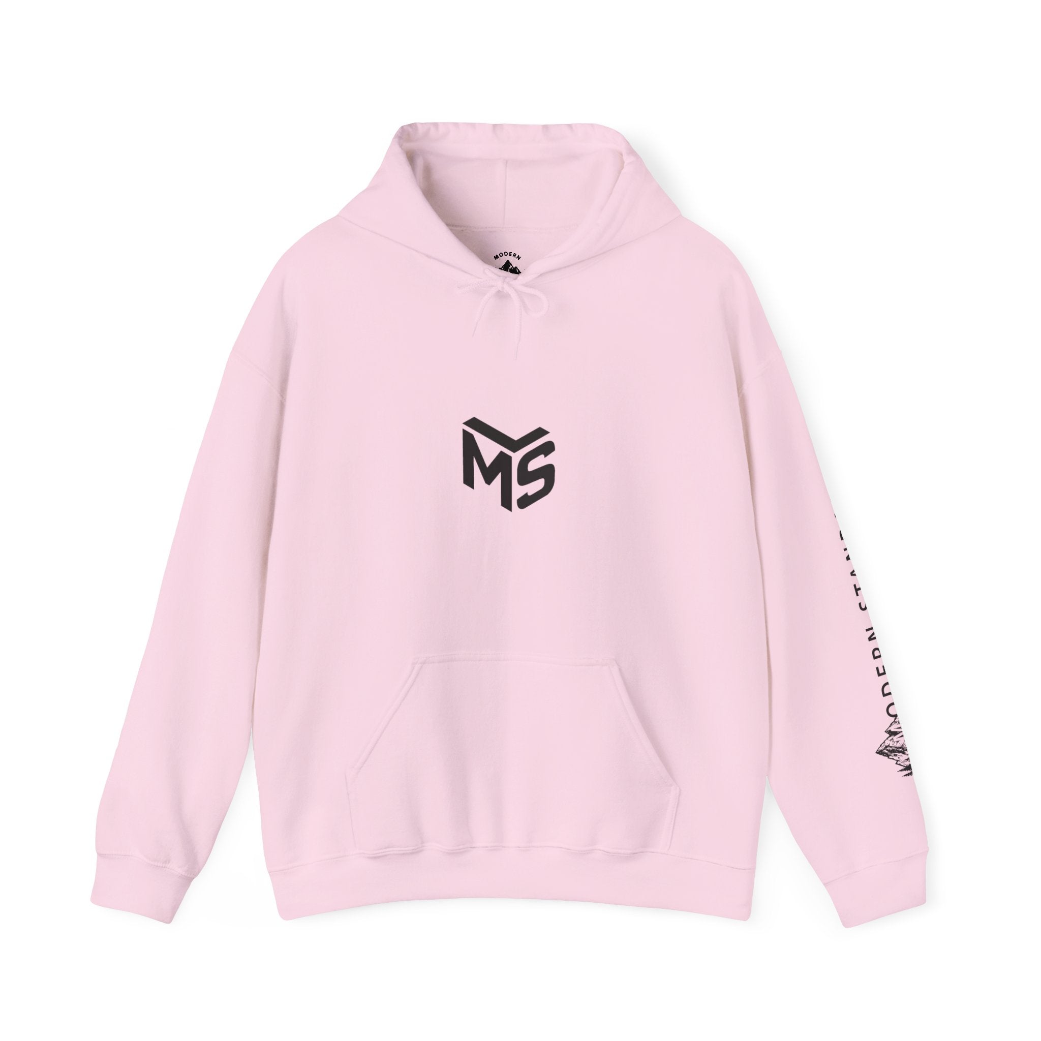 Modern Standard MS Logo Hoodie — Minimal White Pullover with Sleeve Graphic