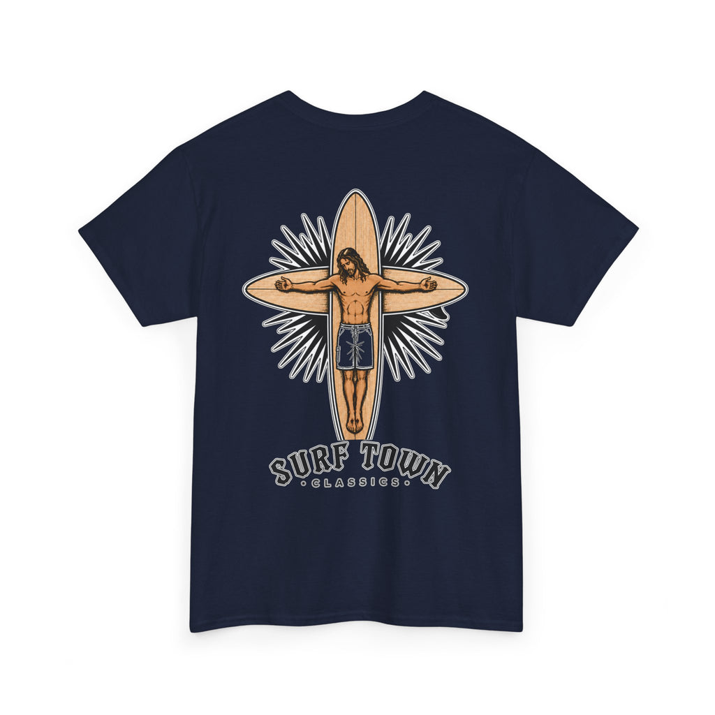 The Religion of Surfing -Surf Town Classics Tee — Surfboard Jesus Design T-Shirt