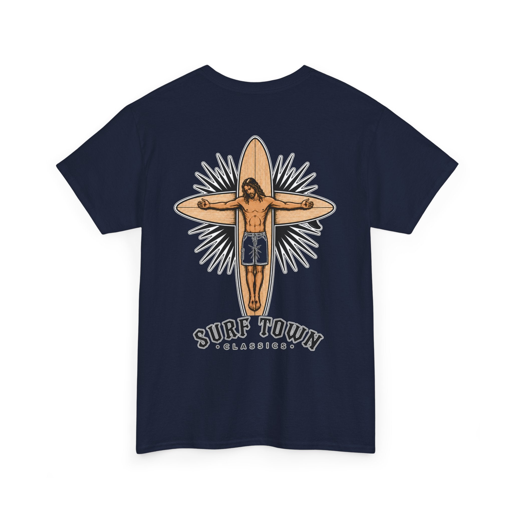 The Religion of Surfing -Surf Town Classics Tee — Surfboard Jesus Design T-Shirt