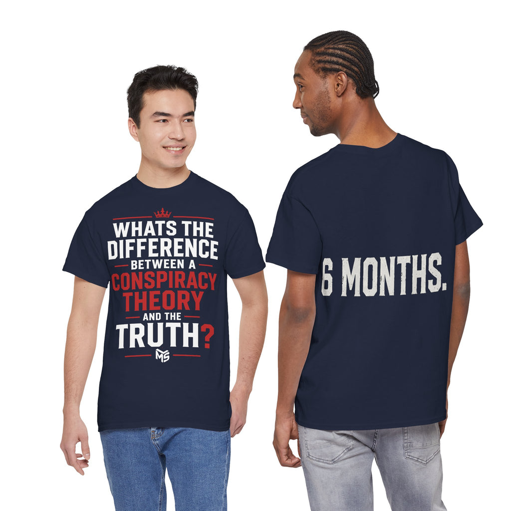 Conspiracy Theory Tee — Vintage Red Text Graphic T-Shirt (Back: “6 Months.”)