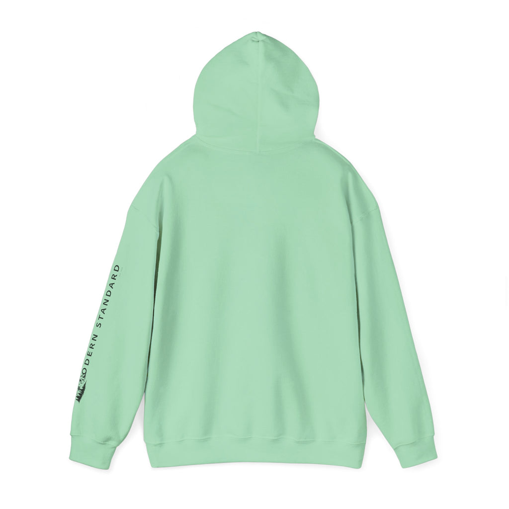Modern Standard MS Logo Hoodie — Minimal White Pullover with Sleeve Graphic