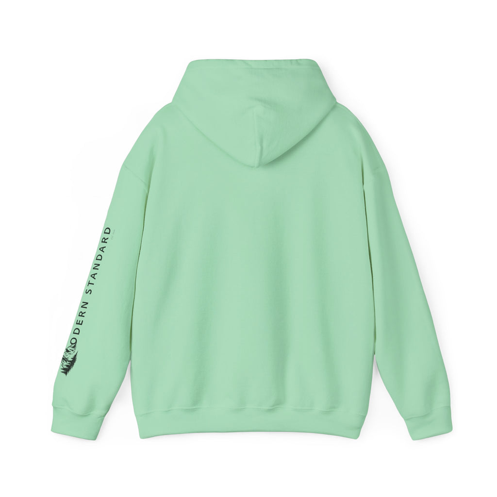 Modern Standard MS Logo Hoodie — Minimal White Pullover with Sleeve Graphic