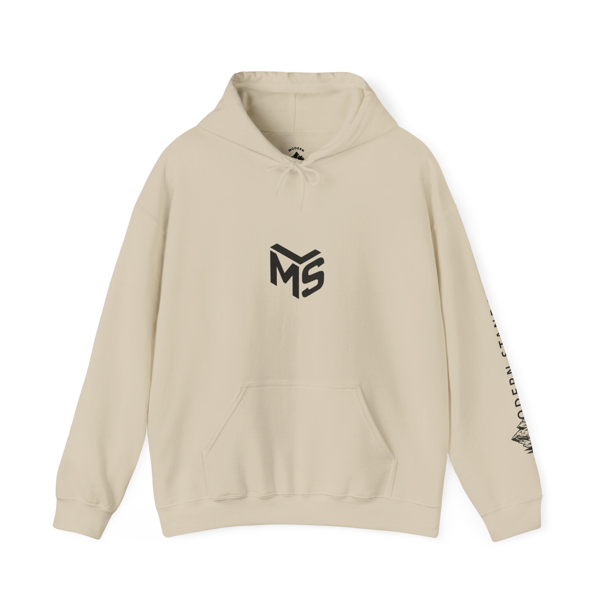 Modern Standard MS Logo Hoodie — Minimal White Pullover with Sleeve Graphic