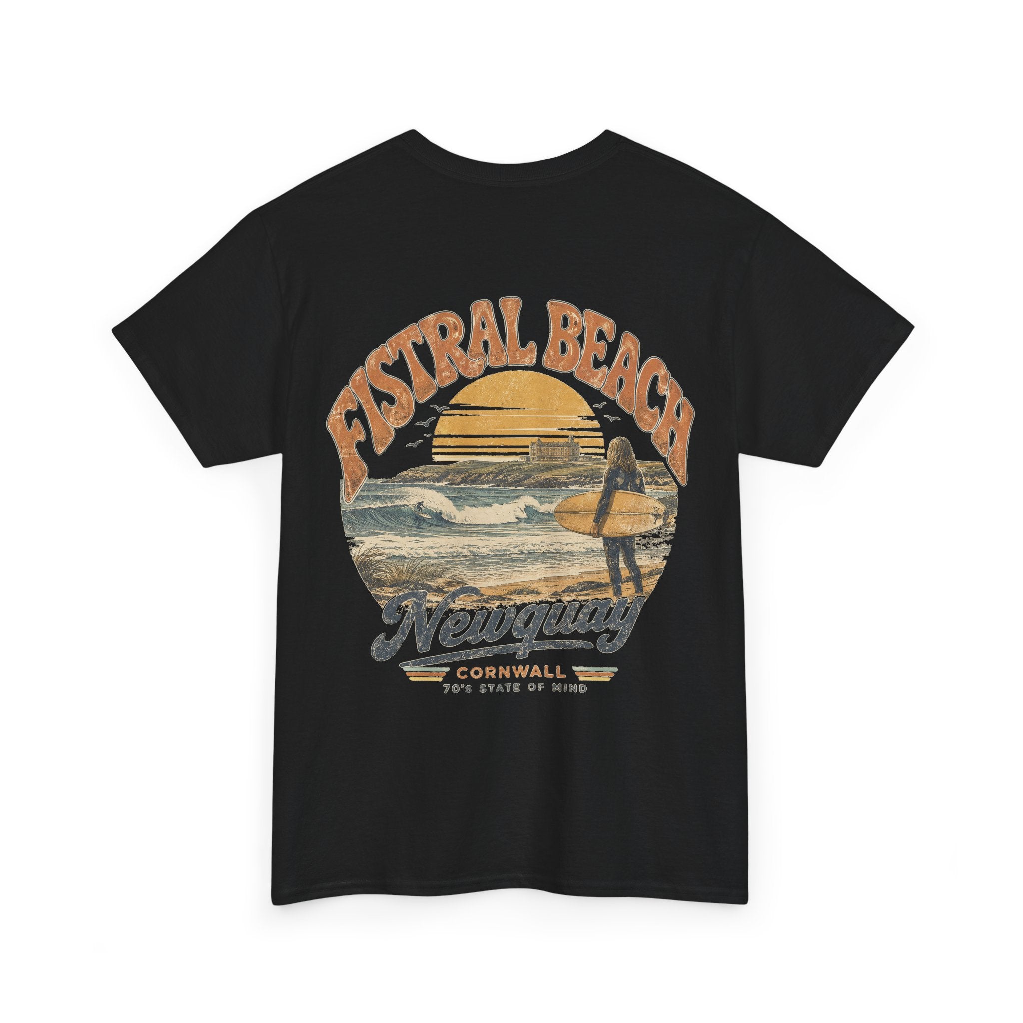 Fistral Beach '70's Surf Tee — Small Surfboard Cross Logo T-Shirt