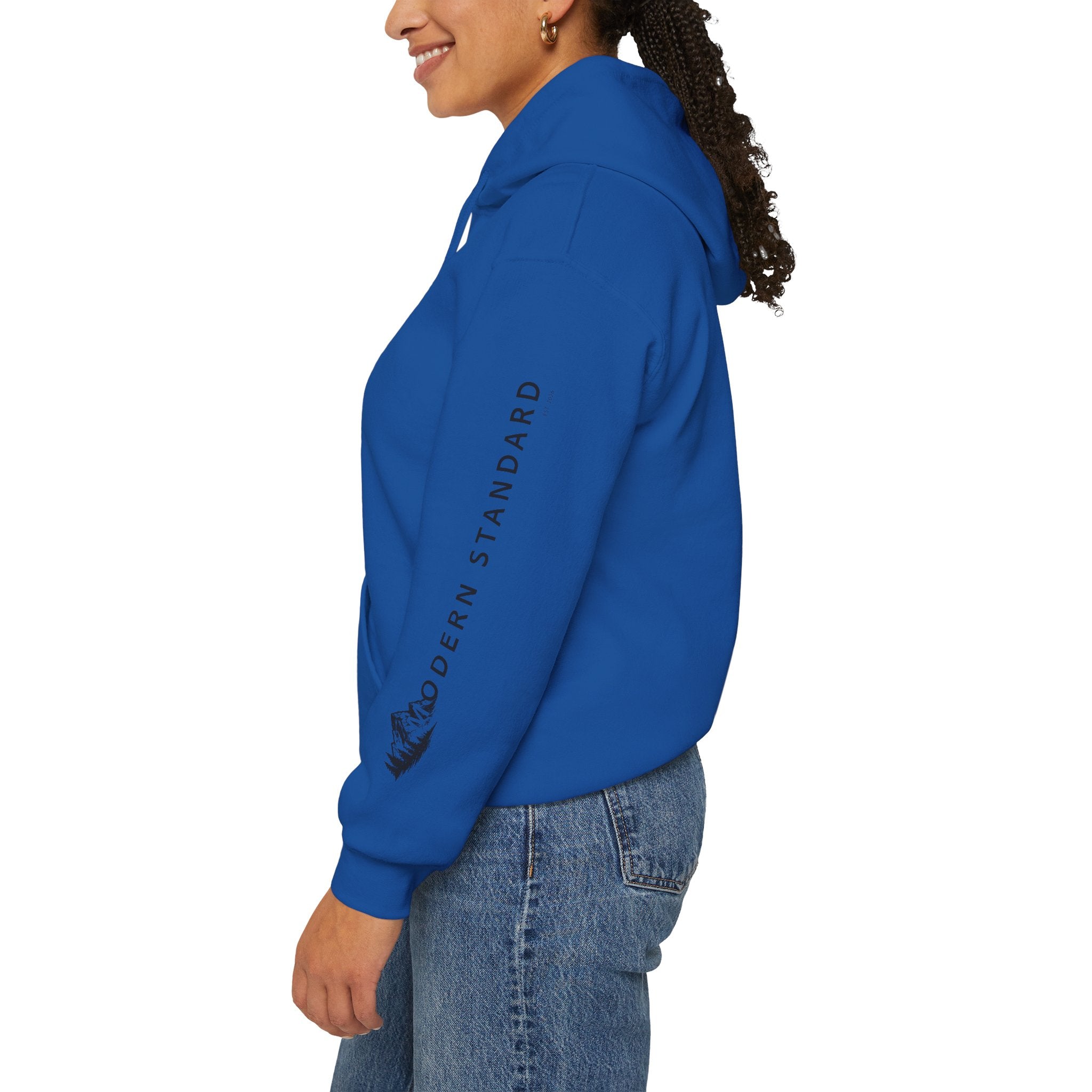Modern Standard MS Logo Hoodie — Minimal White Pullover with Sleeve Graphic