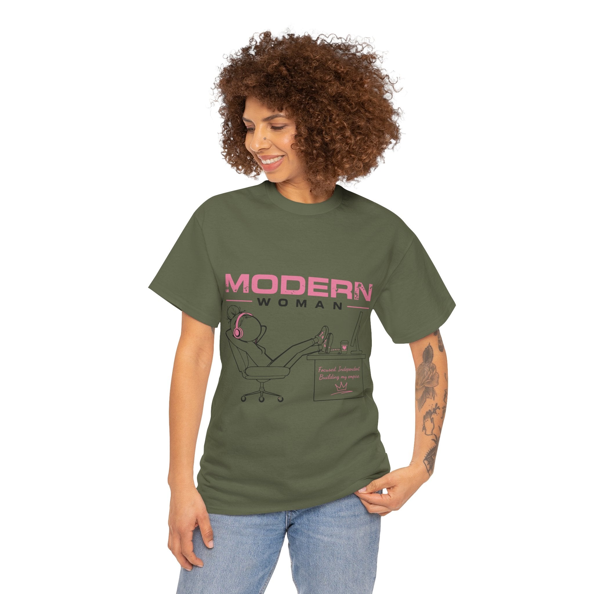 Modern Woman Tee — Feminine Graphic Cotton T‑Shirt ("Modern Woman" Desk Illustration)