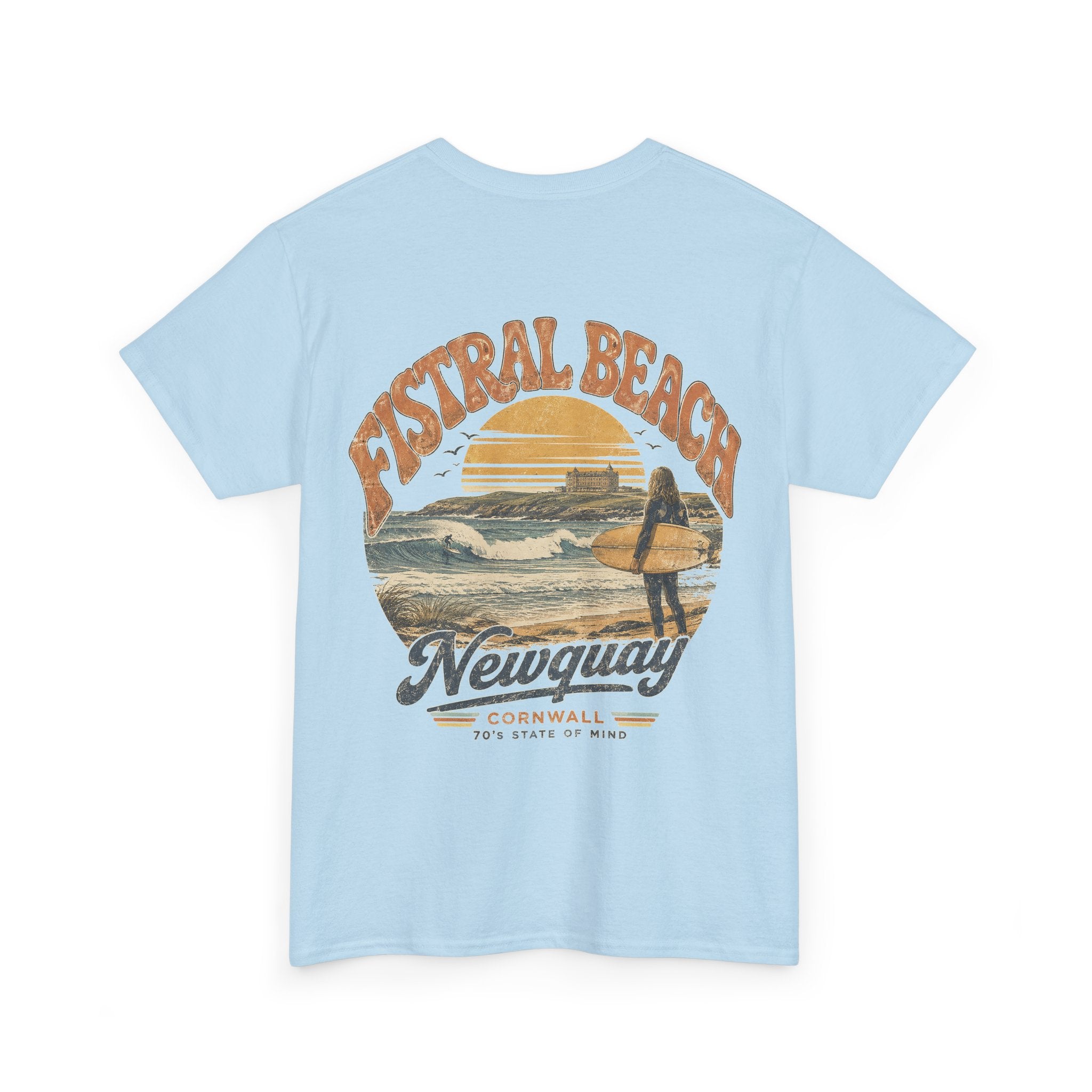 Fistral Beach '70's Surf Tee — Small Surfboard Cross Logo T-Shirt
