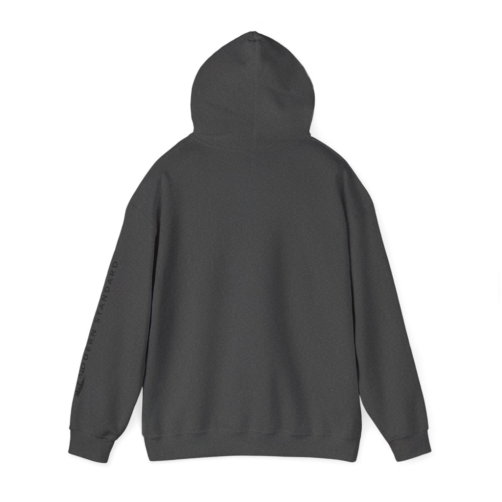 Modern Standard MS Logo Hoodie — Minimal White Pullover with Sleeve Graphic