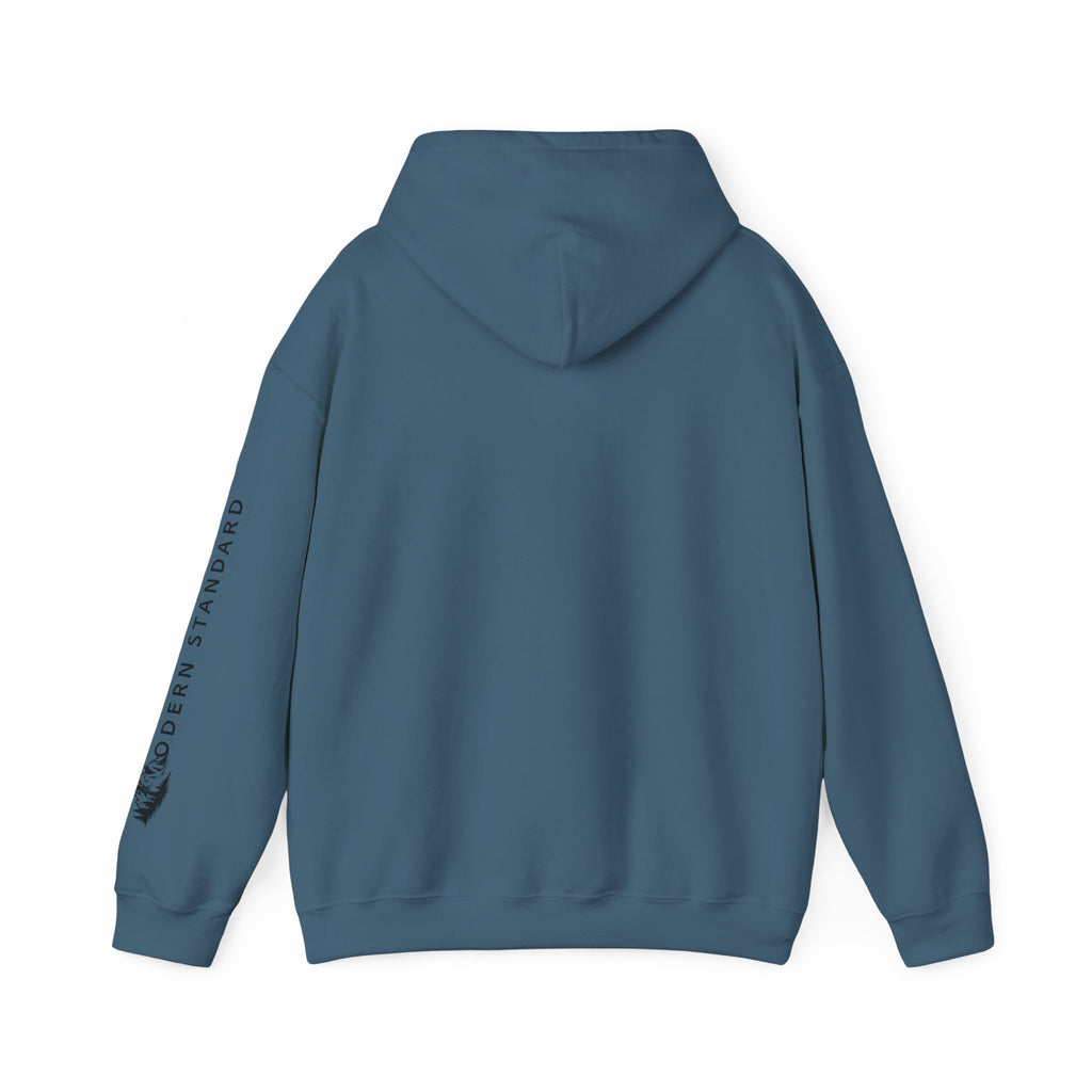 Modern Standard MS Logo Hoodie — Minimal White Pullover with Sleeve Graphic