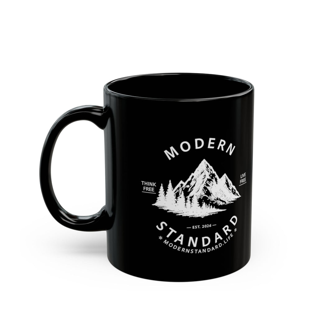 Modern Standard Mountain Black Mug — 'Live Free, Think Free' Coffee Cup (11oz/15oz)