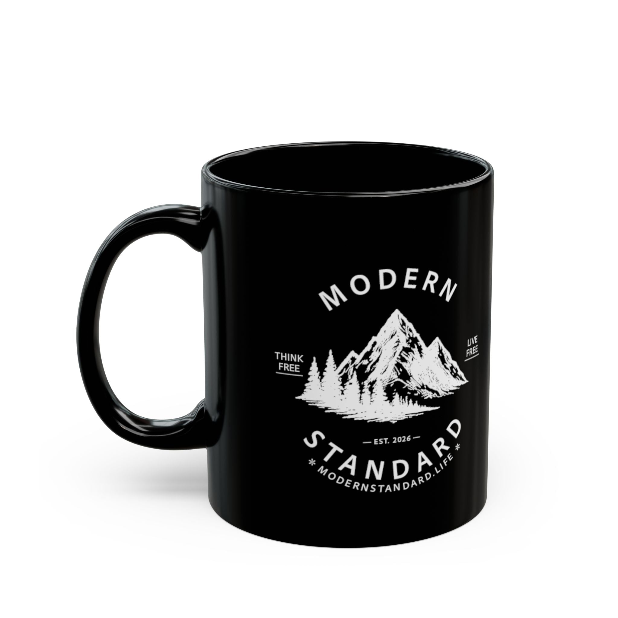 Modern Standard Mountain Black Mug — 'Live Free, Think Free' Coffee Cup (11oz/15oz)