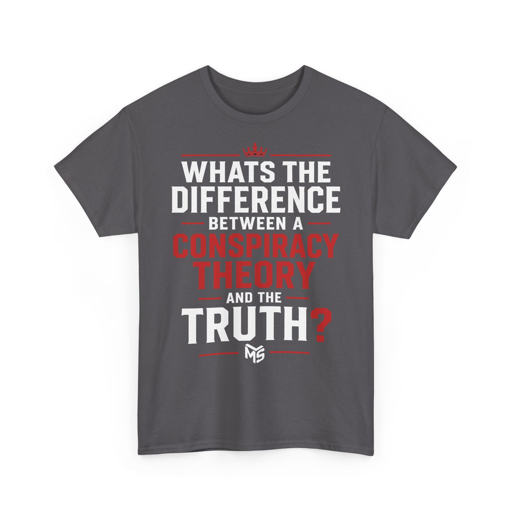 Conspiracy Theory Tee — Vintage Red Text Graphic T-Shirt (Back: “6 Months.”)