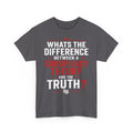 Conspiracy Theory Tee — Vintage Red Text Graphic T-Shirt (Back: “6 Months.”)