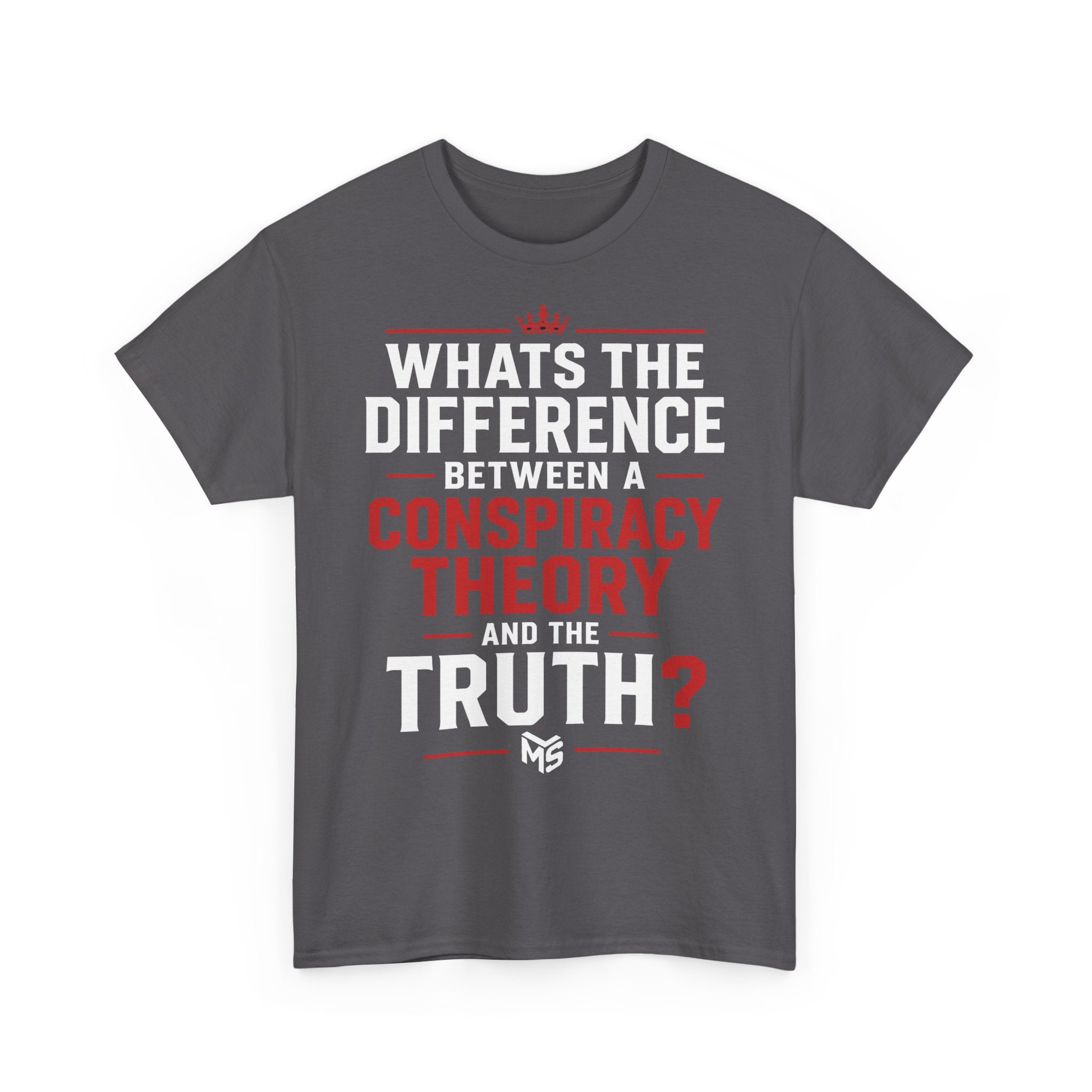 Conspiracy Theory Tee — Vintage Red Text Graphic T-Shirt (Back: “6 Months.”)
