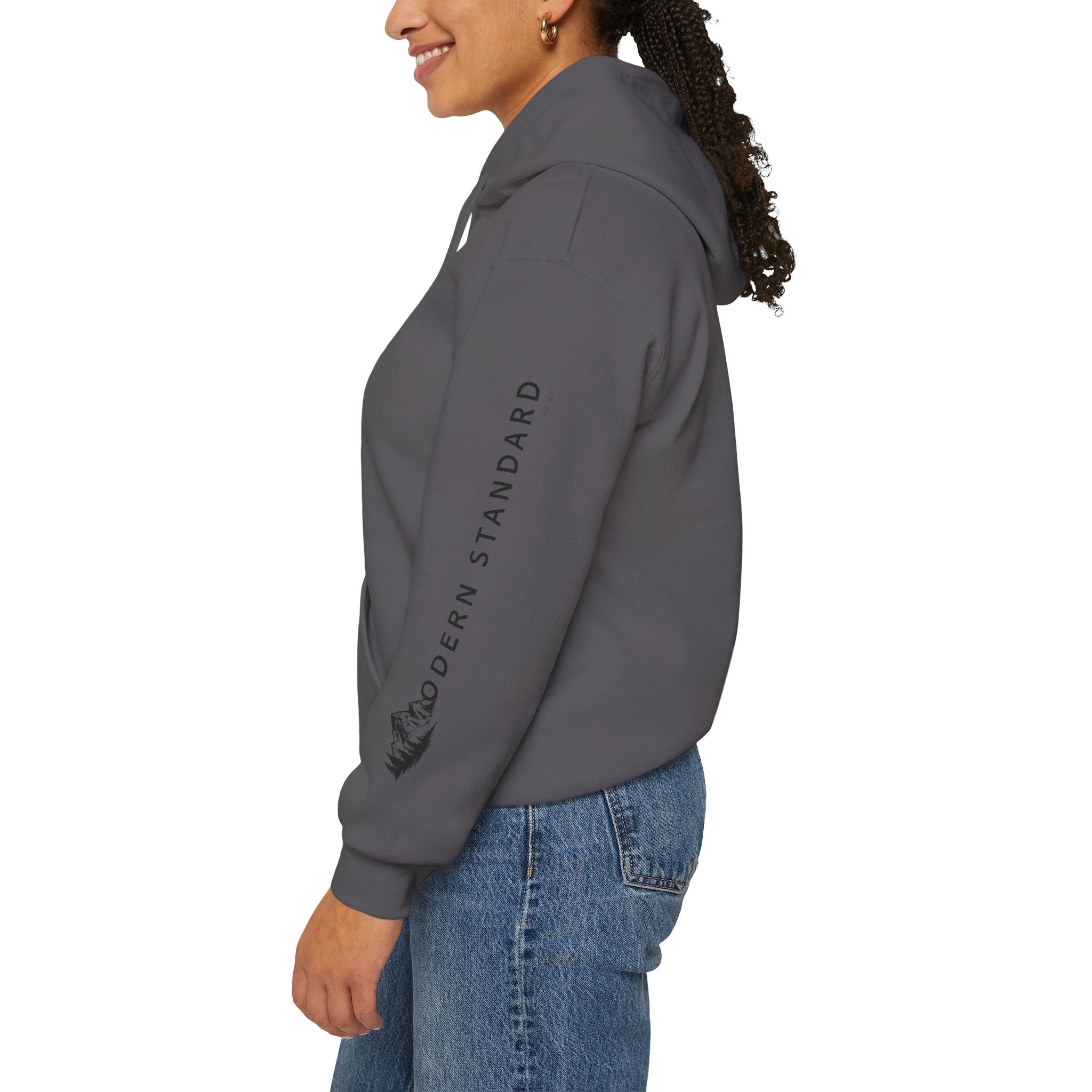 Modern Standard MS Logo Hoodie — Minimal White Pullover with Sleeve Graphic