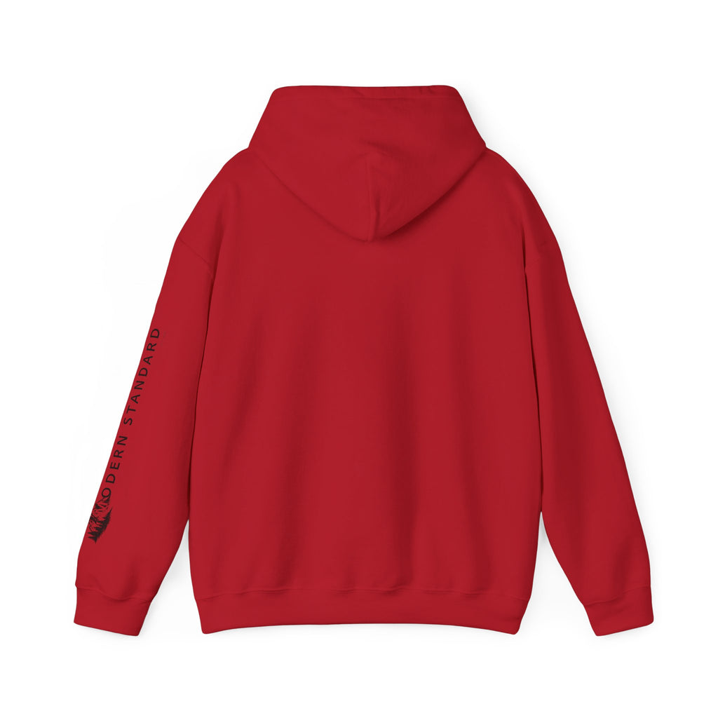 Modern Standard MS Logo Hoodie — Minimal White Pullover with Sleeve Graphic