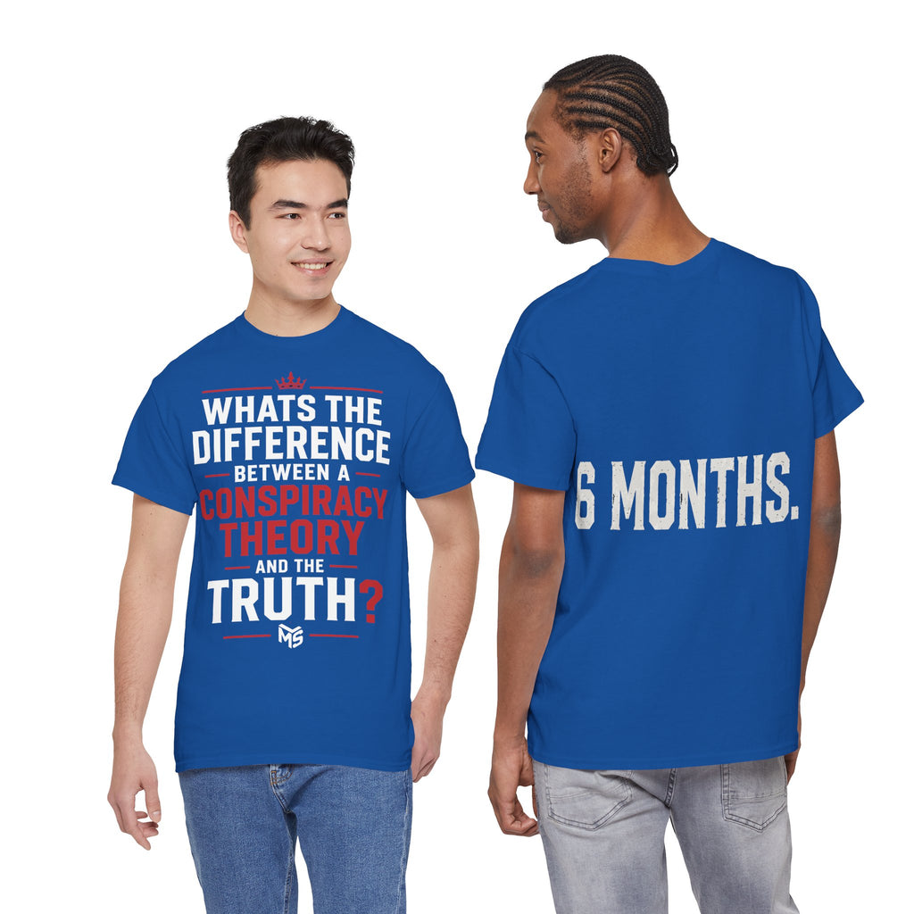 Conspiracy Theory Tee — Vintage Red Text Graphic T-Shirt (Back: “6 Months.”)