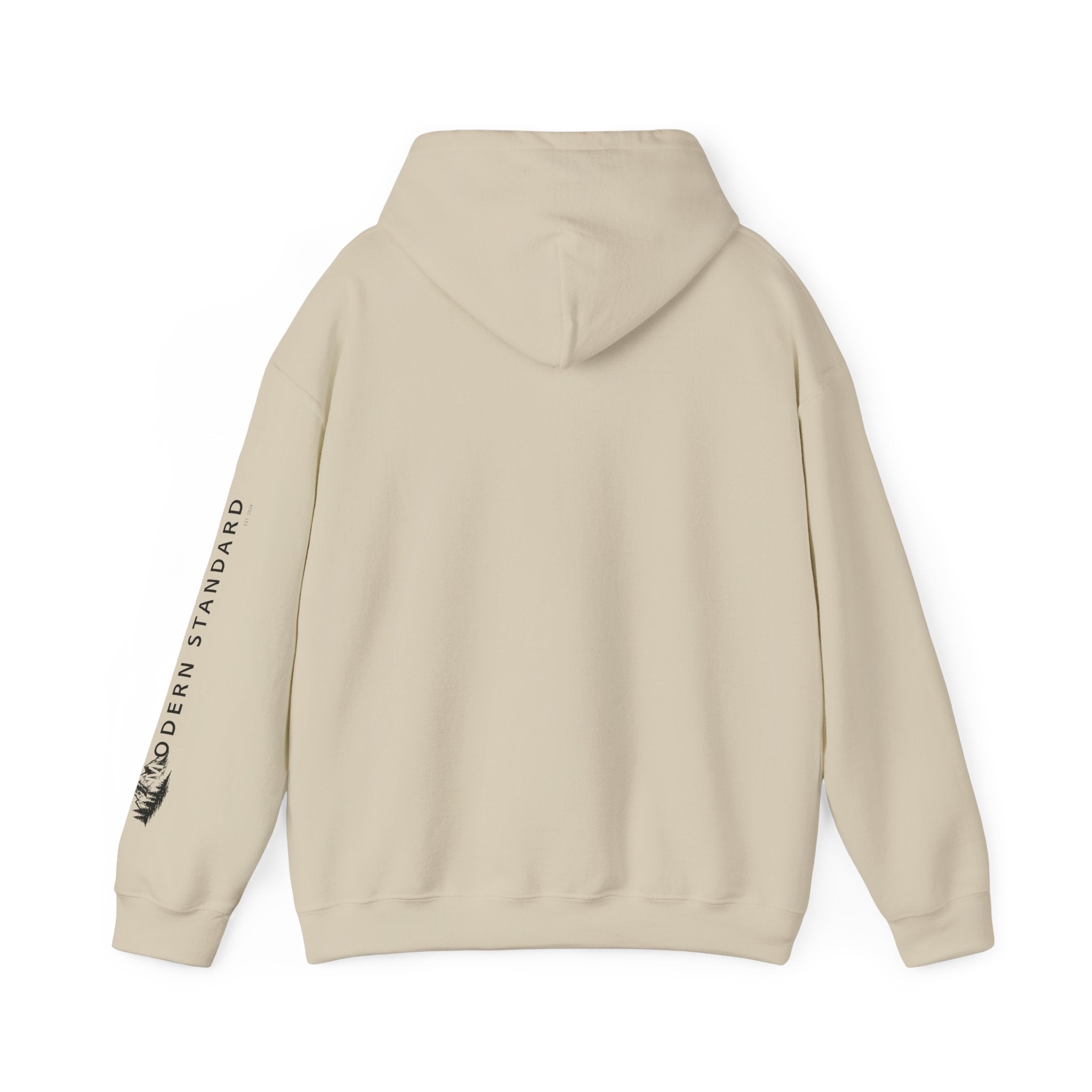 Modern Standard MS Logo Hoodie — Minimal White Pullover with Sleeve Graphic