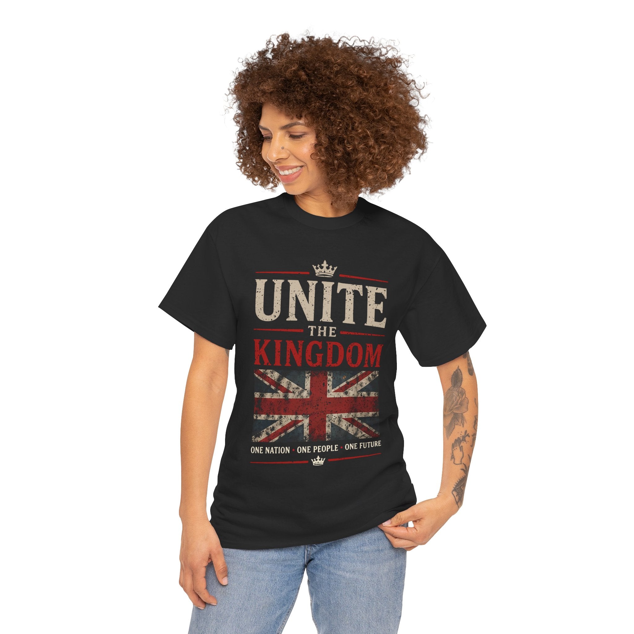 Womans Unite the Kingdom T-Shirt — Vintage Union Jack & Crest Tee ("Together We Stand, Divided We Fall")