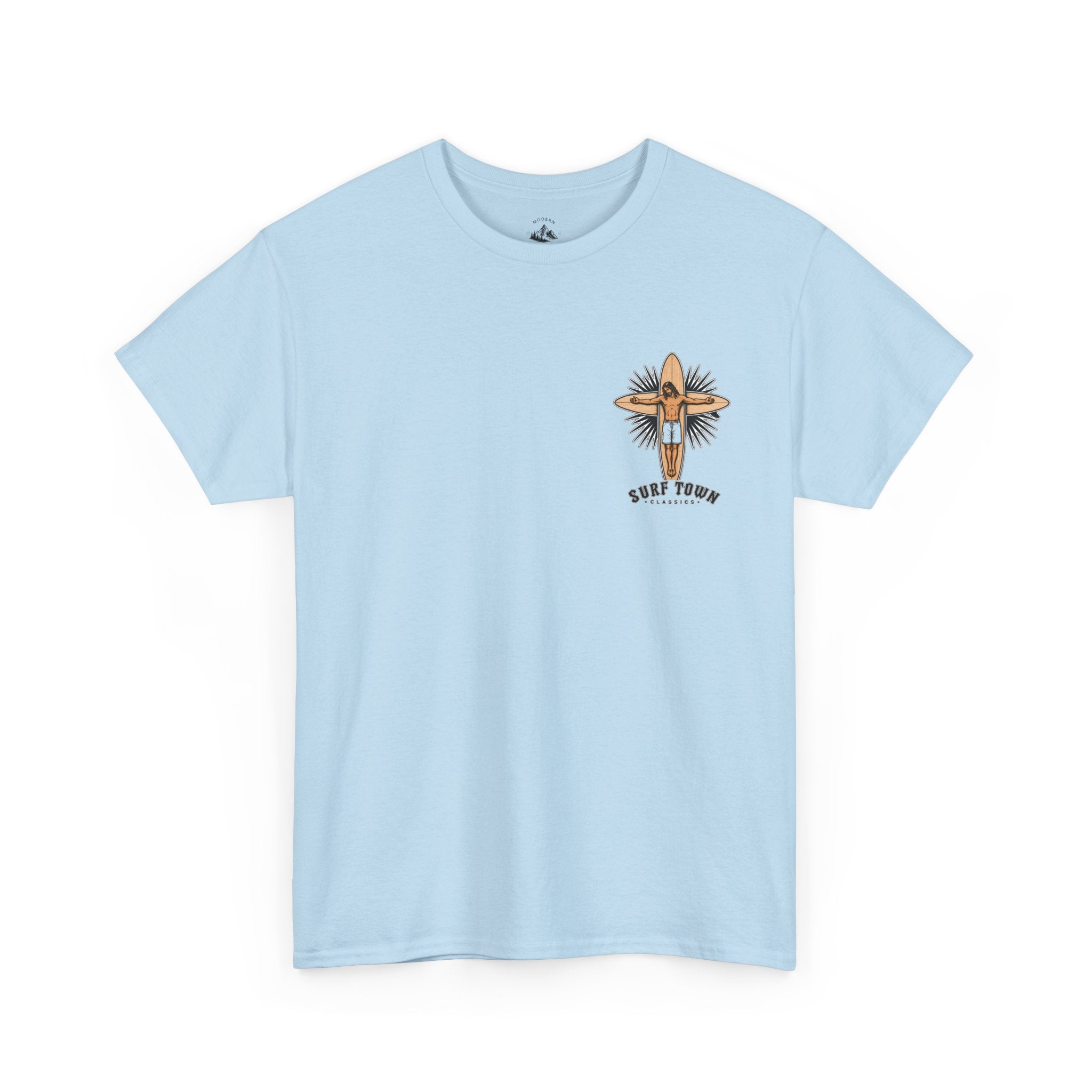 The Religion of Surfing -Surf Town Classics Tee — Surfboard Jesus Design T-Shirt