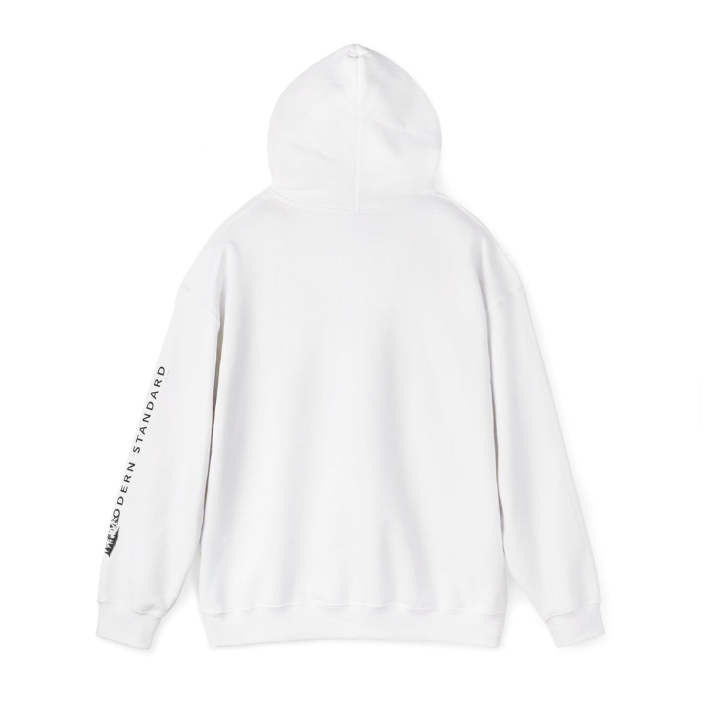 Modern Standard MS Logo Hoodie — Minimal White Pullover with Sleeve Graphic