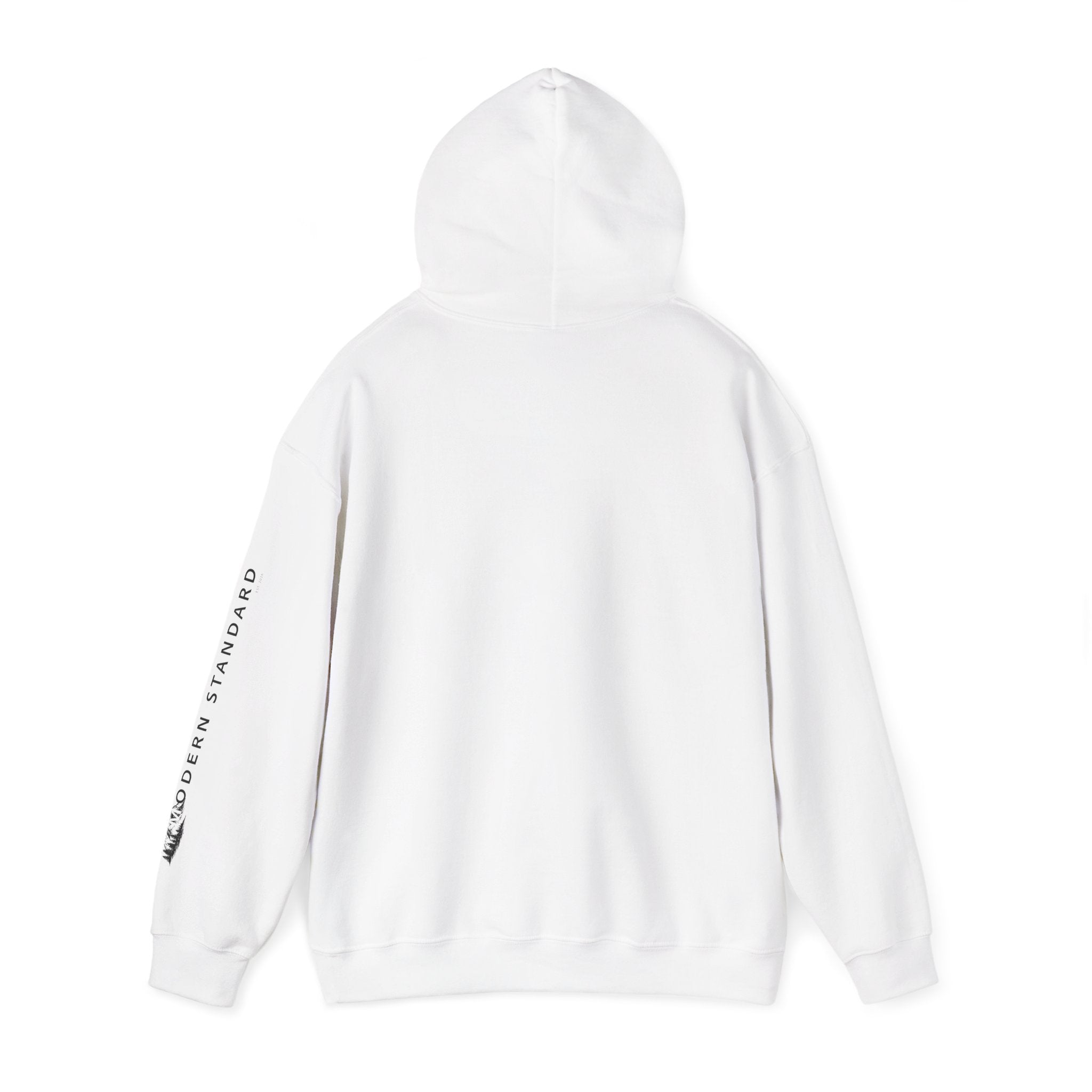 Modern Standard MS Logo Hoodie — Minimal White Pullover with Sleeve Graphic