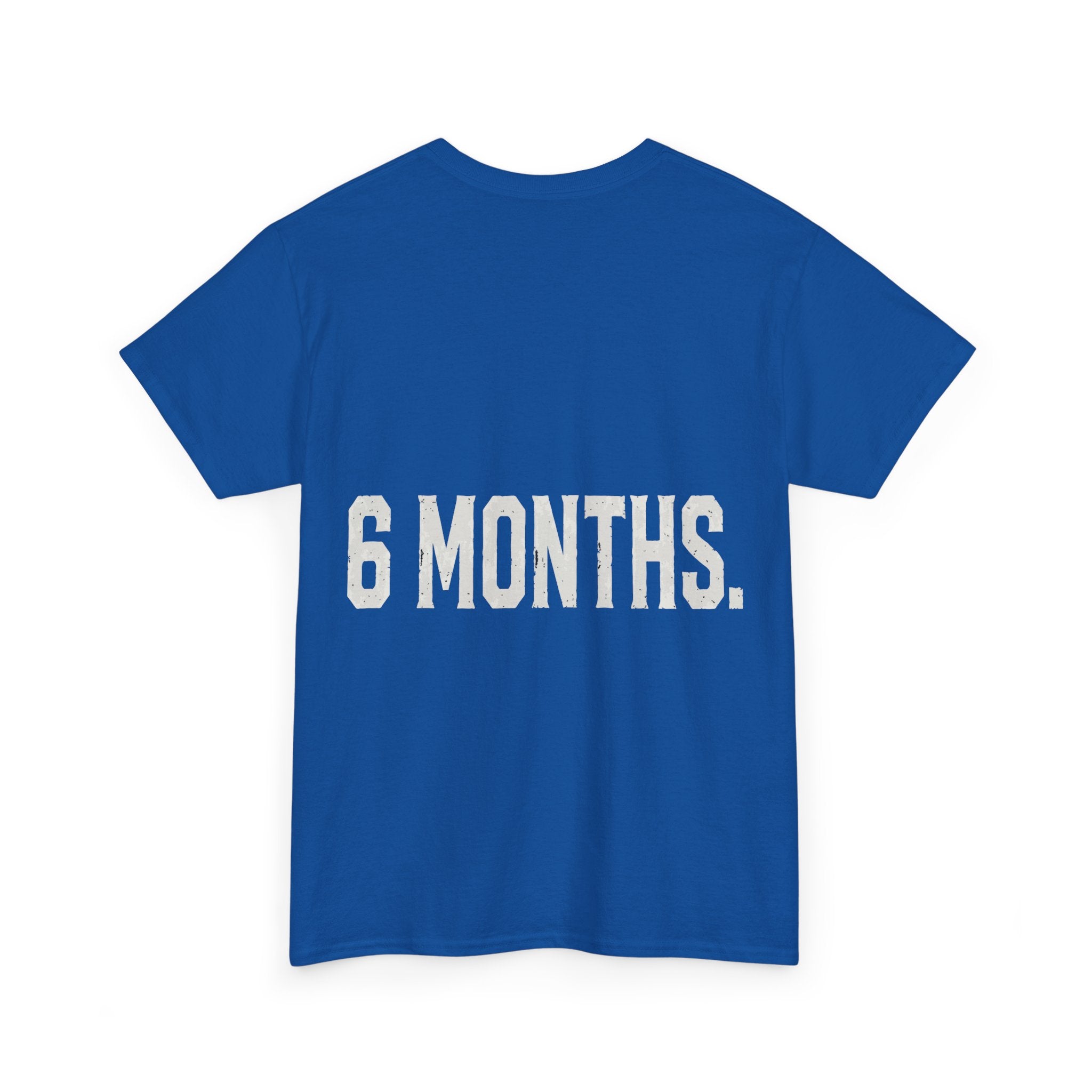 Conspiracy Theory Tee — Vintage Red Text Graphic T-Shirt (Back: “6 Months.”)