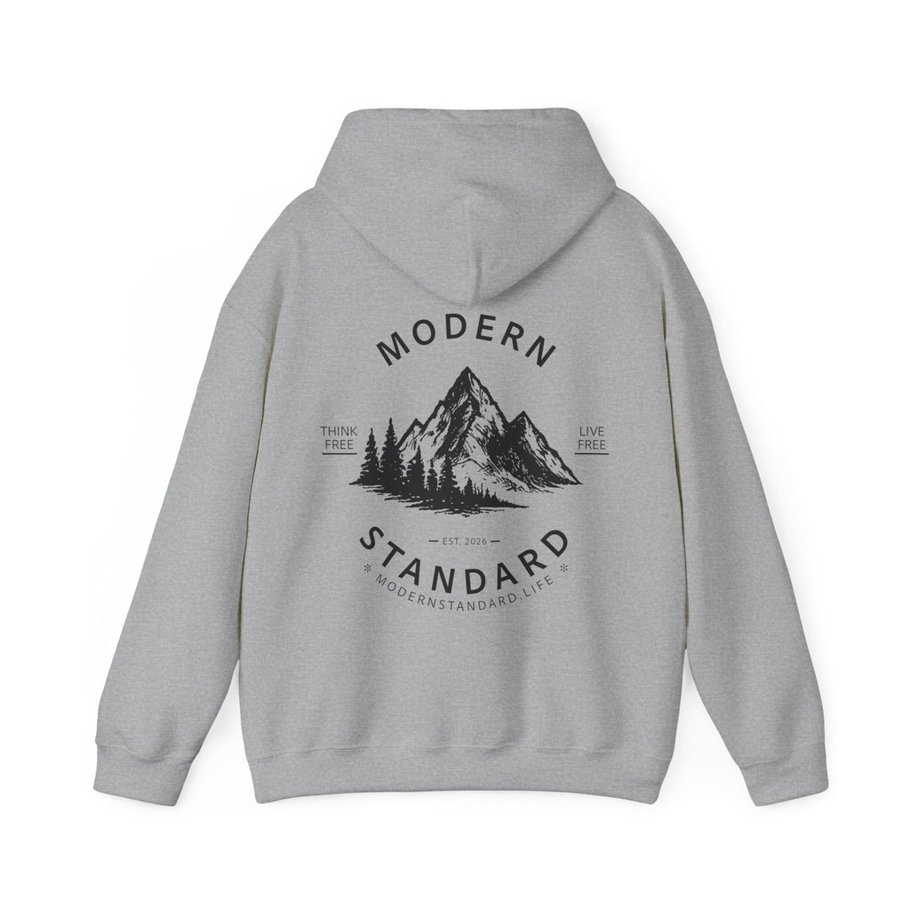Modern Standard MS Logo Hoodie — Minimal White Pullover with Sleeve Graphic