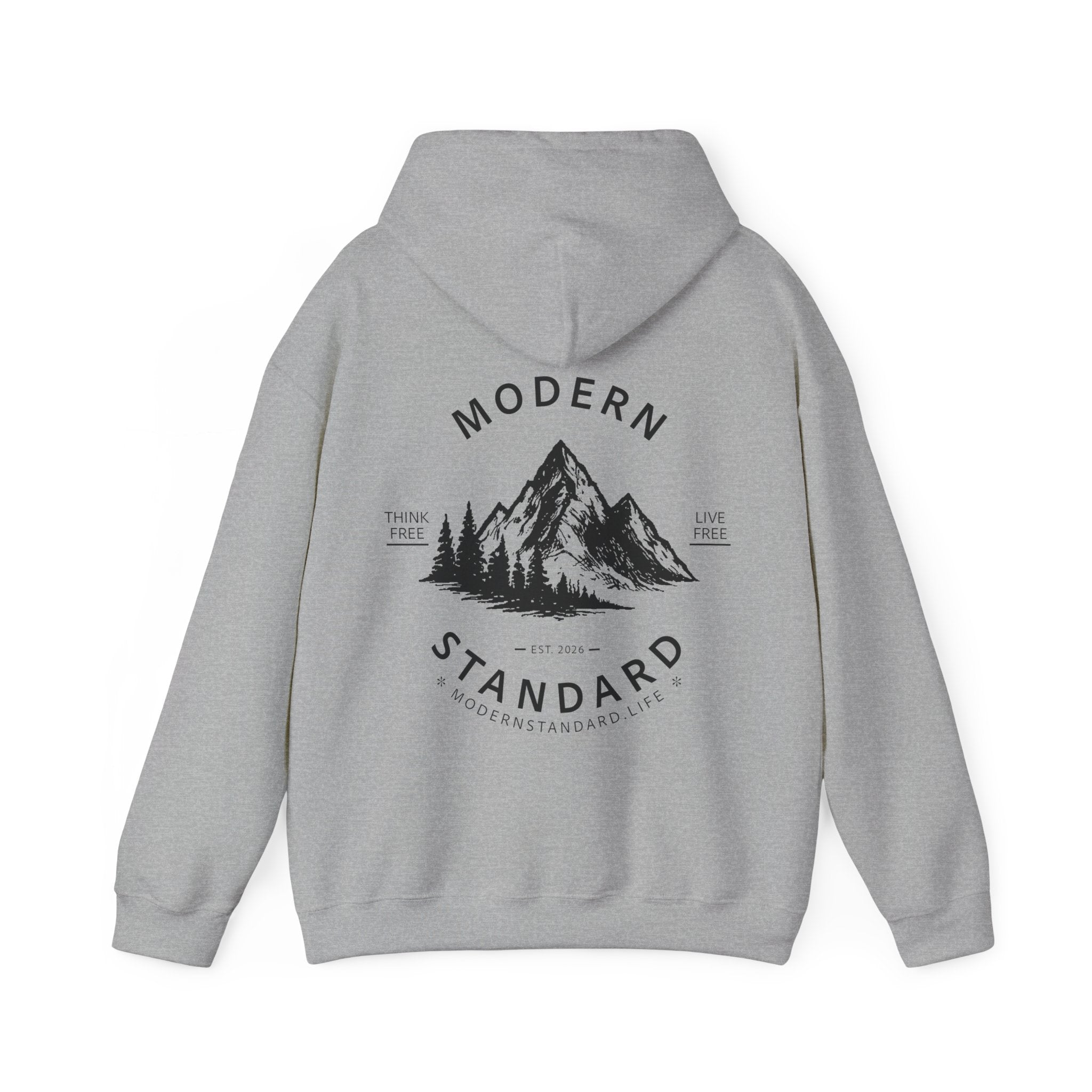 Modern Standard MS Logo Hoodie — Minimal White Pullover with Sleeve Graphic