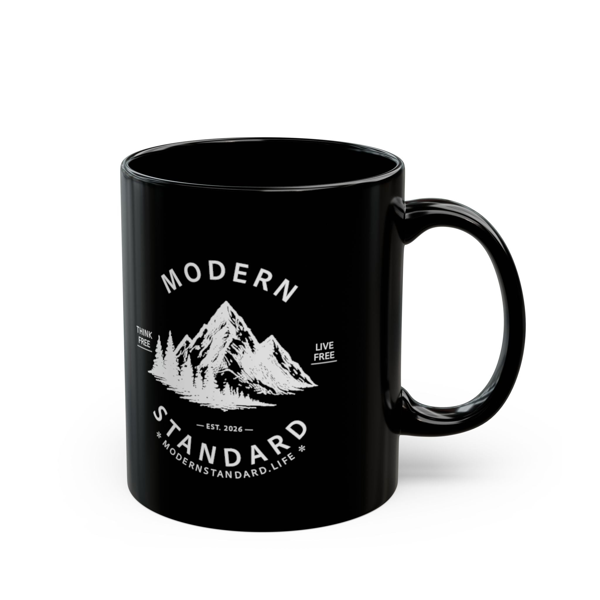 Modern Standard Mountain Black Mug — 'Live Free, Think Free' Coffee Cup (11oz/15oz)