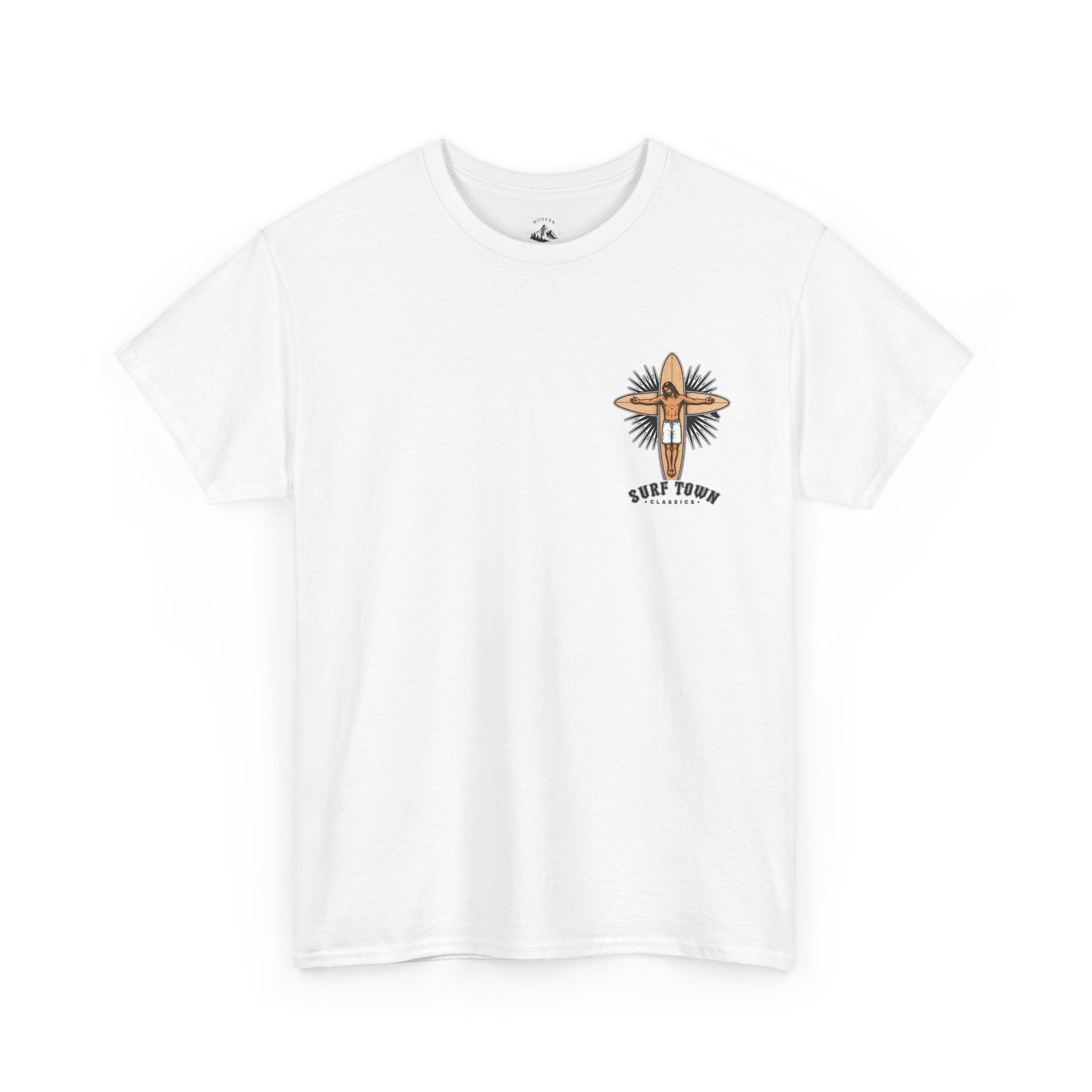 The Religion of Surfing -Surf Town Classics Tee — Surfboard Jesus Design T-Shirt