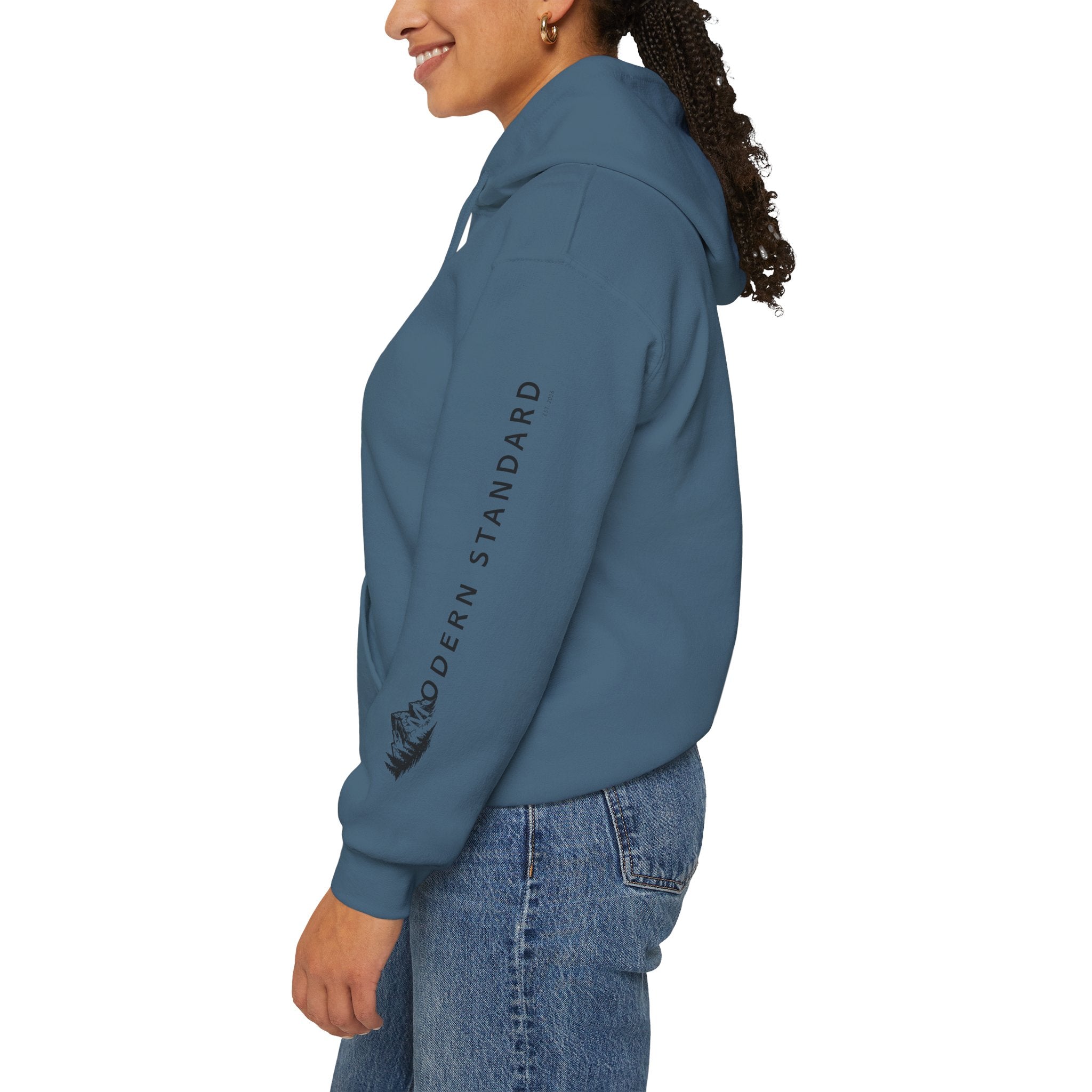 Modern Standard MS Logo Hoodie — Minimal White Pullover with Sleeve Graphic