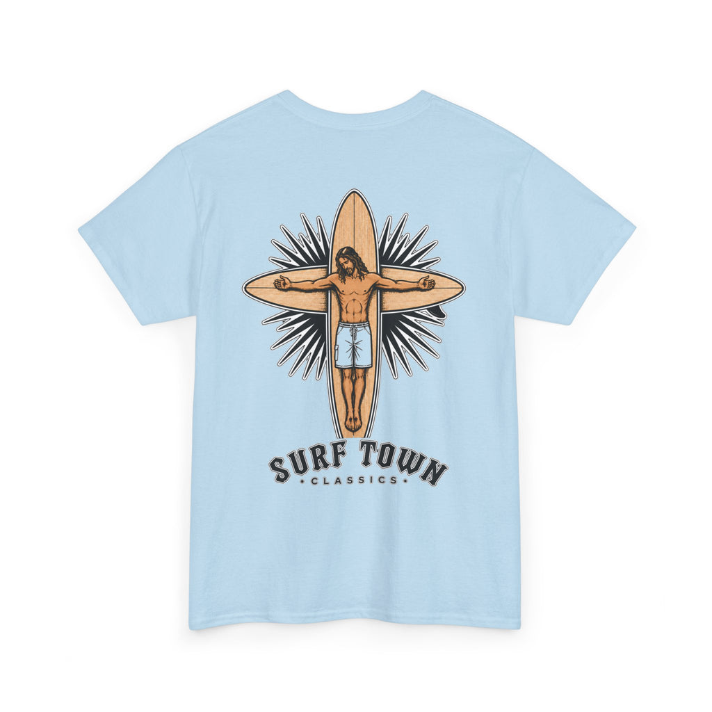 The Religion of Surfing -Surf Town Classics Tee — Surfboard Jesus Design T-Shirt