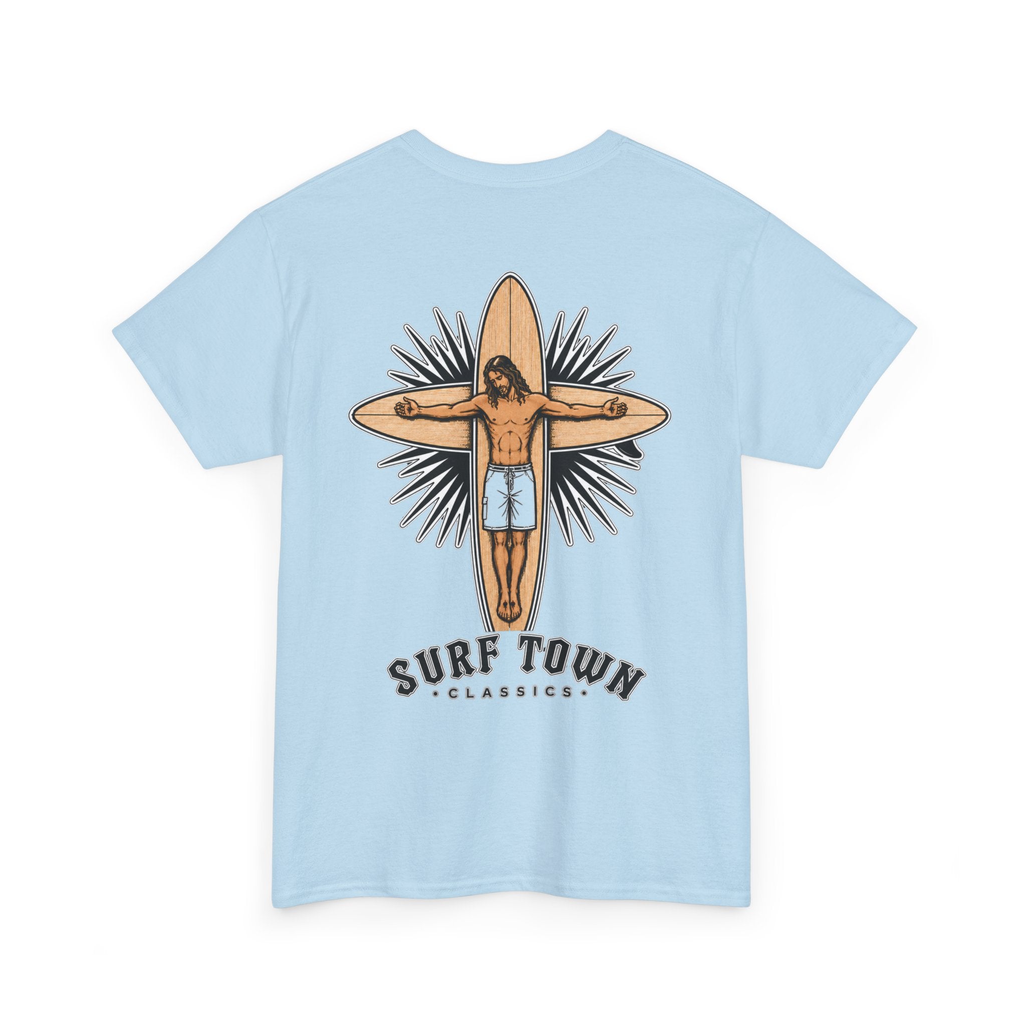 The Religion of Surfing -Surf Town Classics Tee — Surfboard Jesus Design T-Shirt