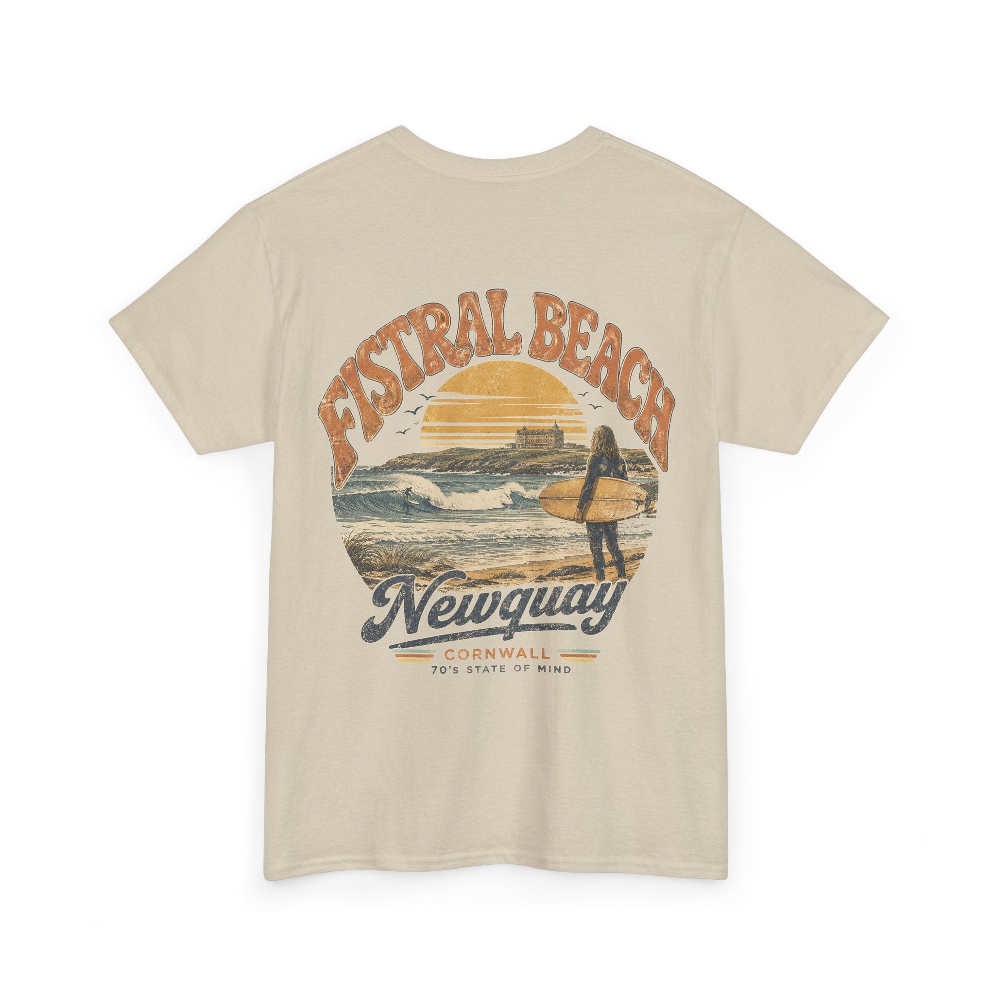 Fistral Beach '70's Surf Tee — Small Surfboard Cross Logo T-Shirt