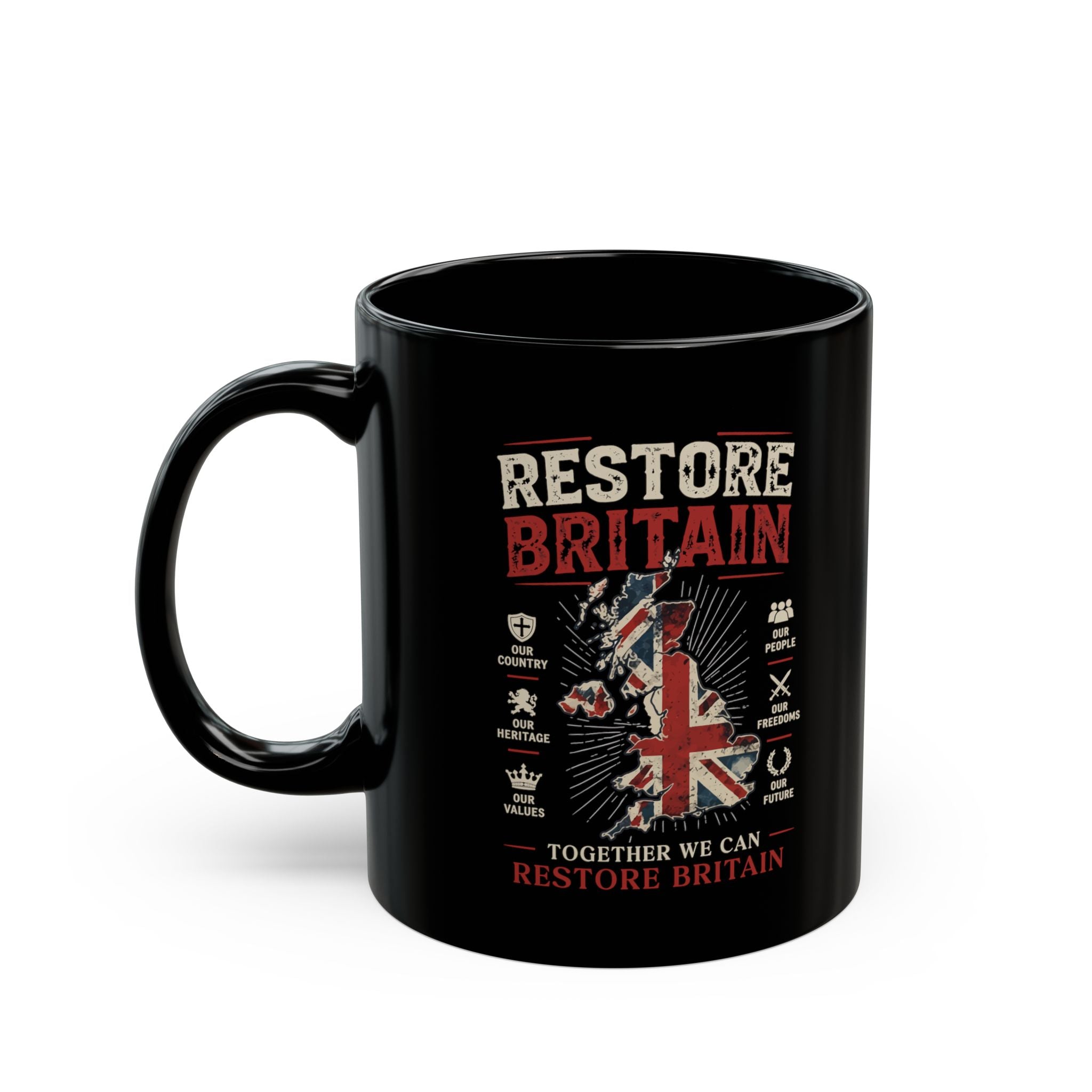 Restore Britain Black Mug – Union Jack Patriotic 11oz/15oz Coffee Cup