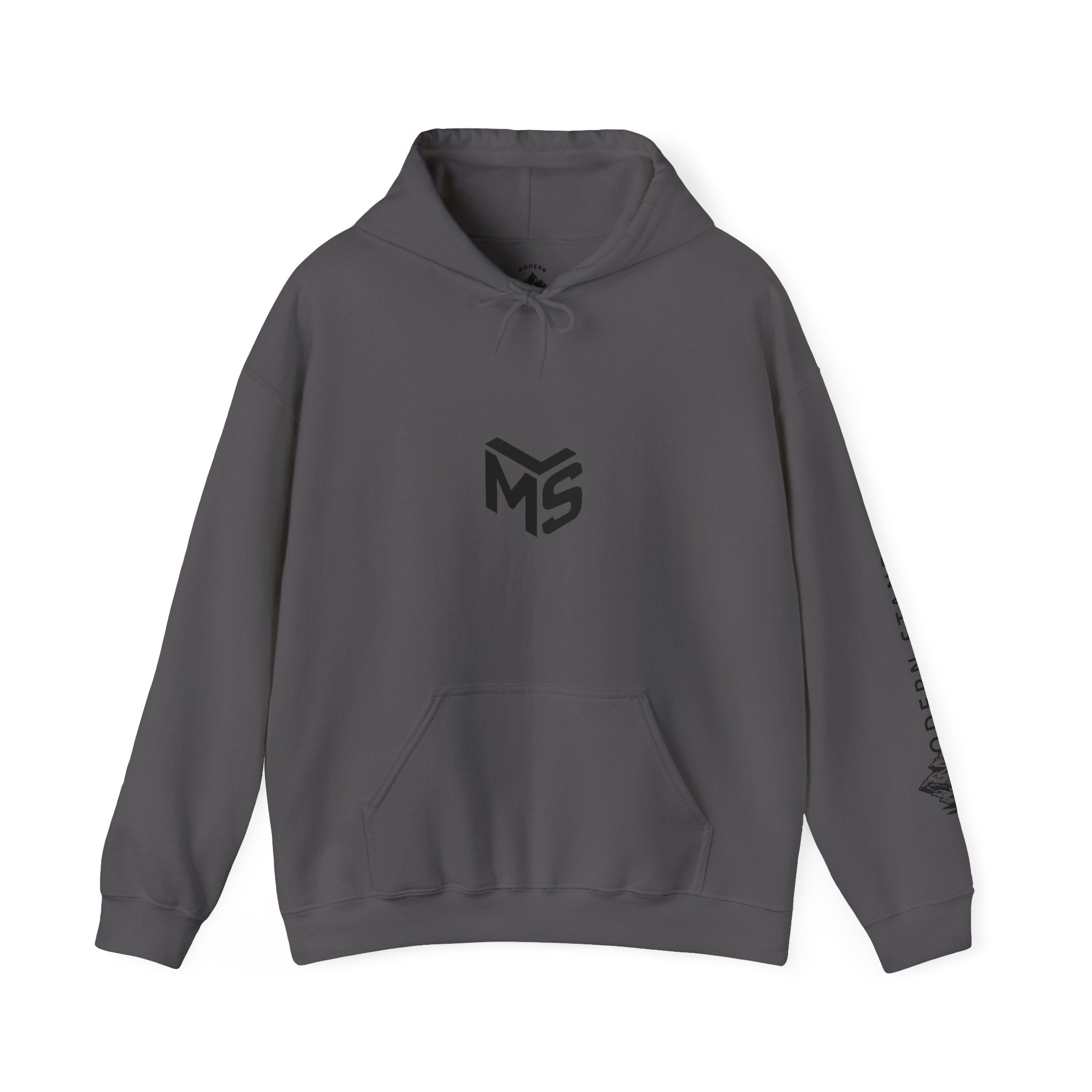 Modern Standard MS Logo Hoodie — Minimal White Pullover with Sleeve Graphic