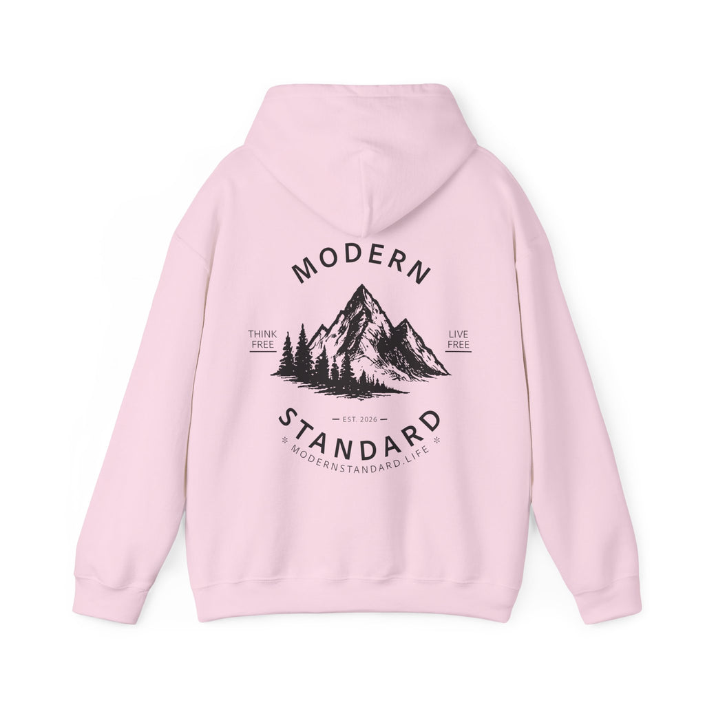 Modern Standard MS Logo Hoodie — Minimal White Pullover with Sleeve Graphic