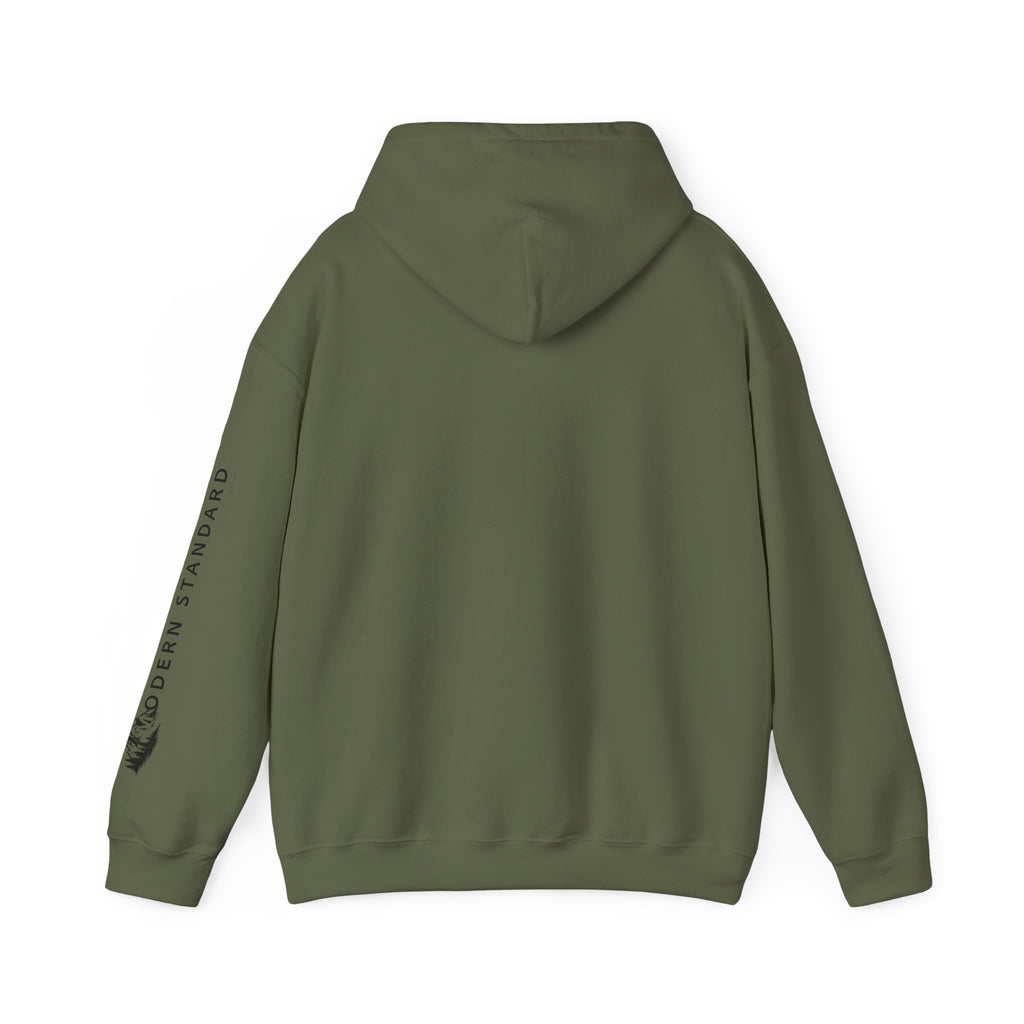Modern Standard MS Logo Hoodie — Minimal White Pullover with Sleeve Graphic