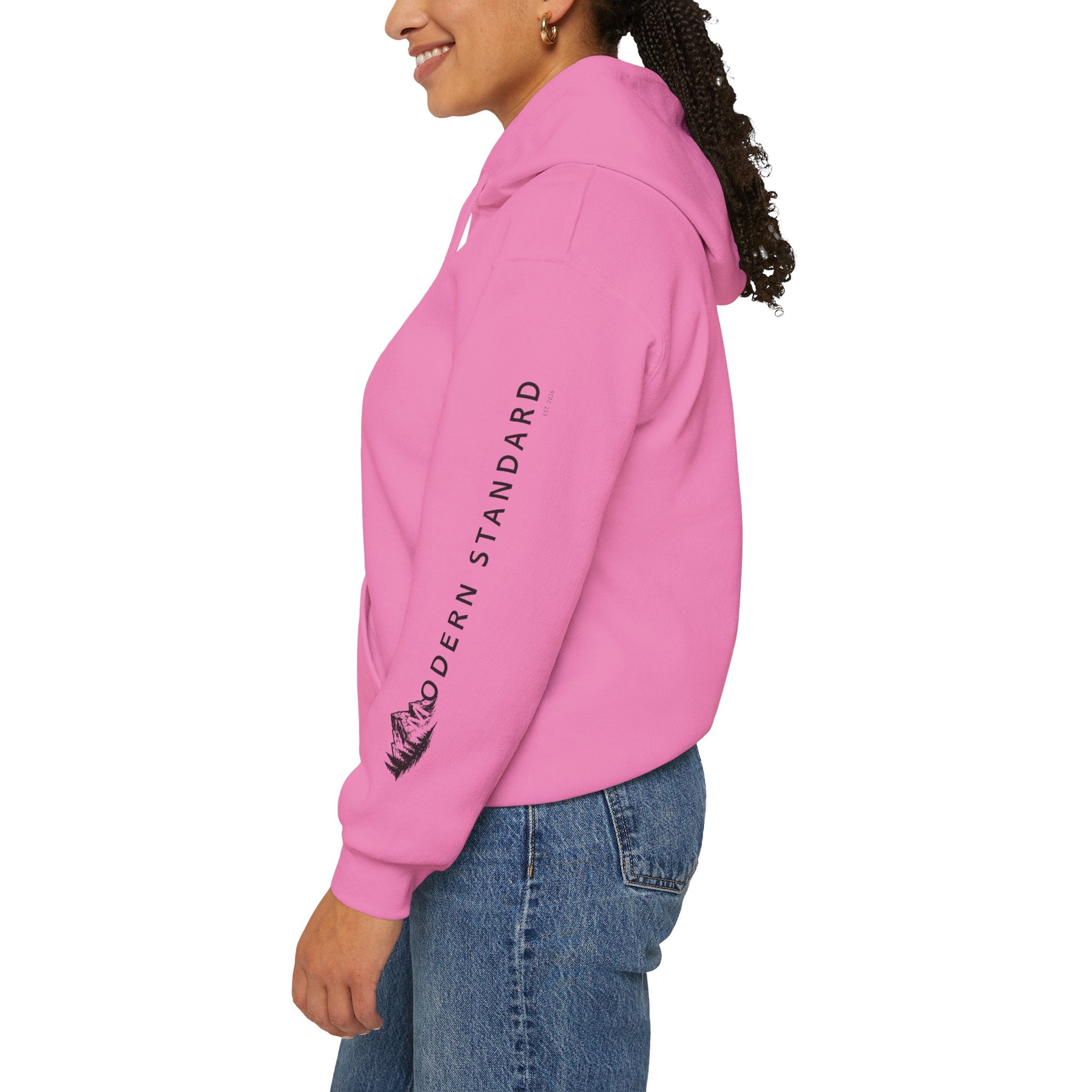 Modern Standard MS Logo Hoodie — Minimal White Pullover with Sleeve Graphic