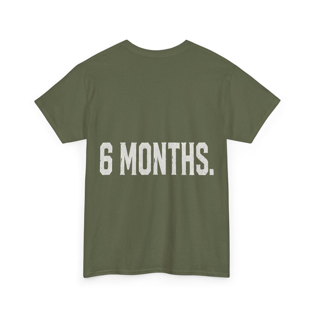 Conspiracy Theory Tee — Vintage Red Text Graphic T-Shirt (Back: “6 Months.”)