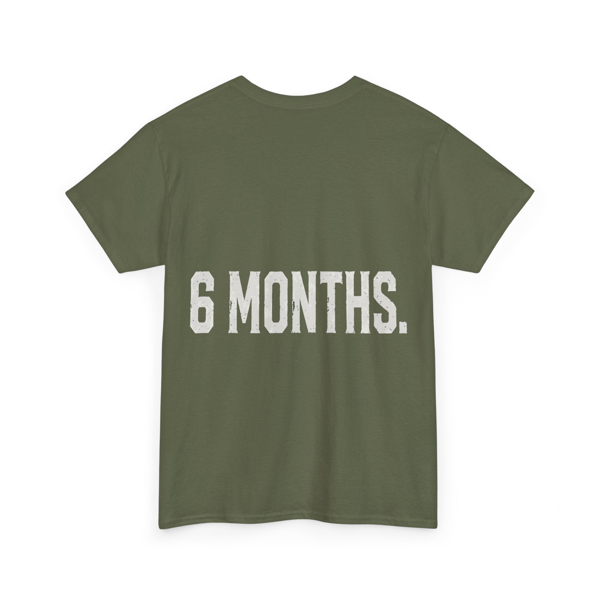 Conspiracy Theory Tee — Vintage Red Text Graphic T-Shirt (Back: “6 Months.”)
