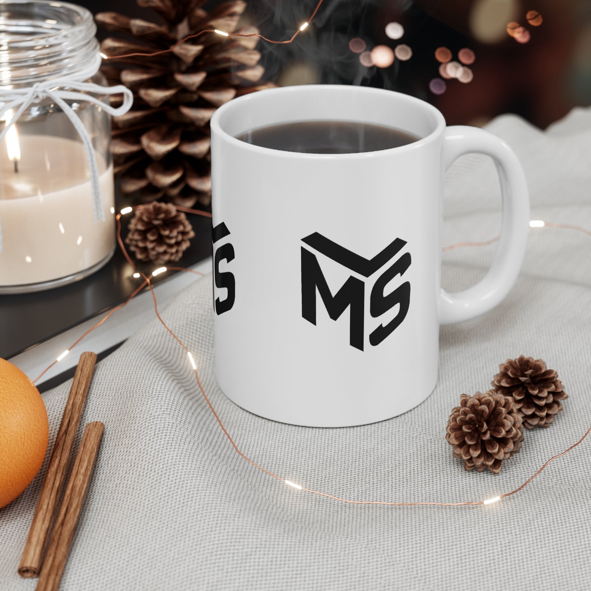 MS Logo Ceramic Mug — Minimal Black Monogram Coffee Cup