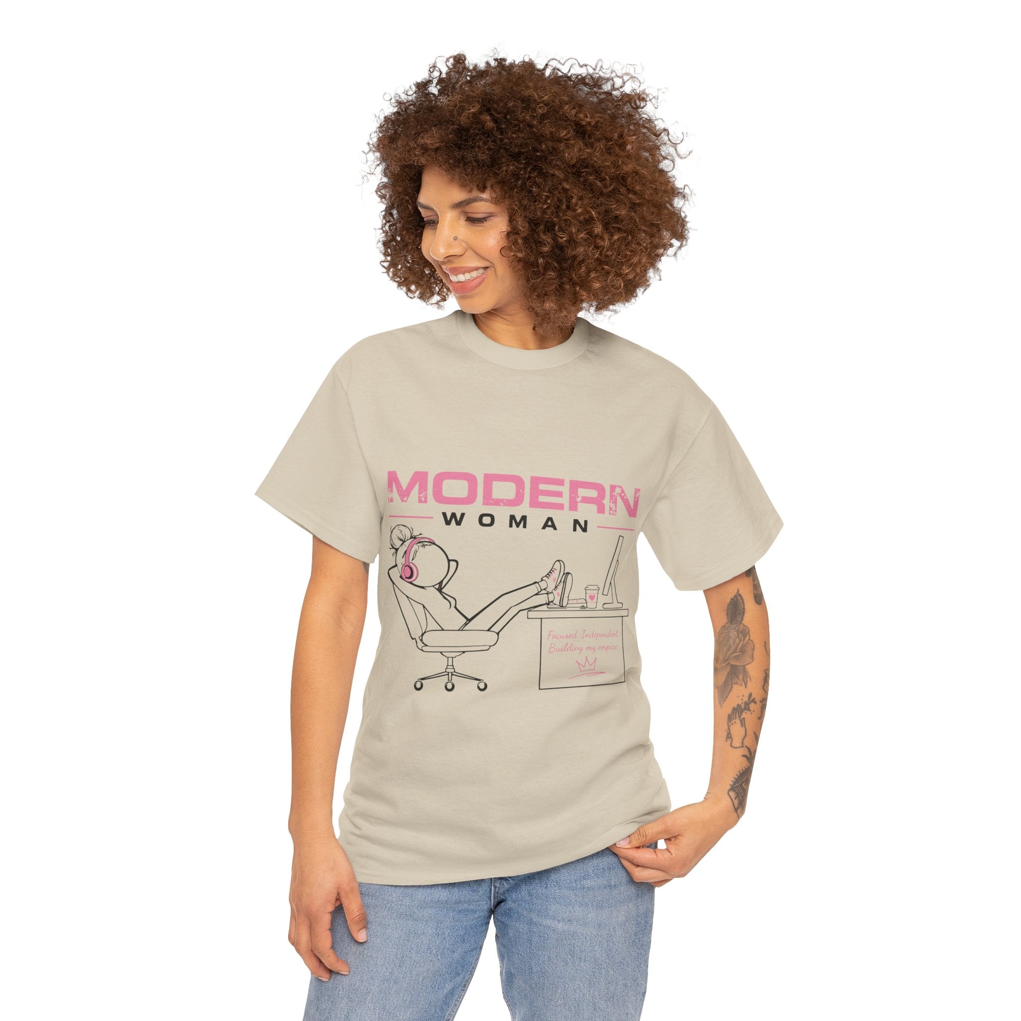 Modern Woman Tee — Feminine Graphic Cotton T‑Shirt ("Modern Woman" Desk Illustration)