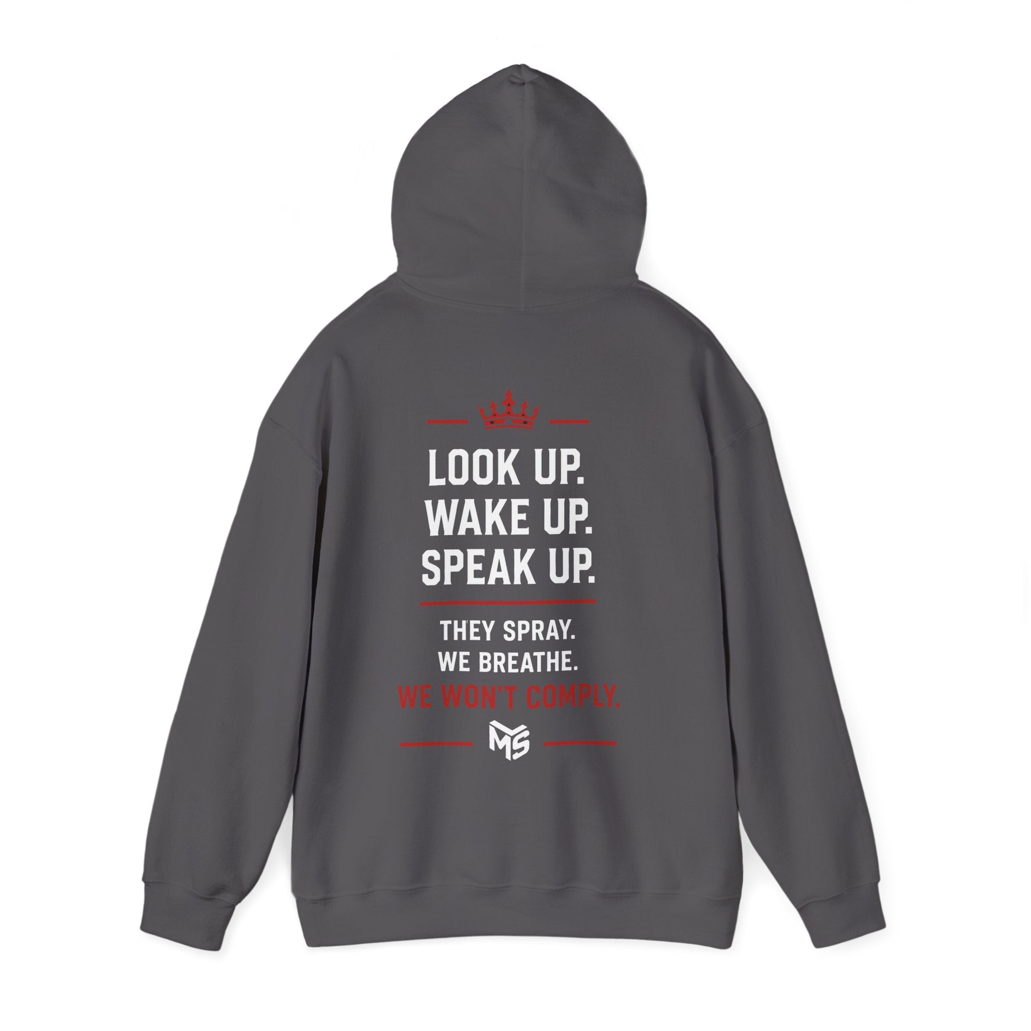 Anti Chemtrail Hoodie - "Just Say No" Protest Pullover with "Look Up. Wake Up. Speak Up." Back Print