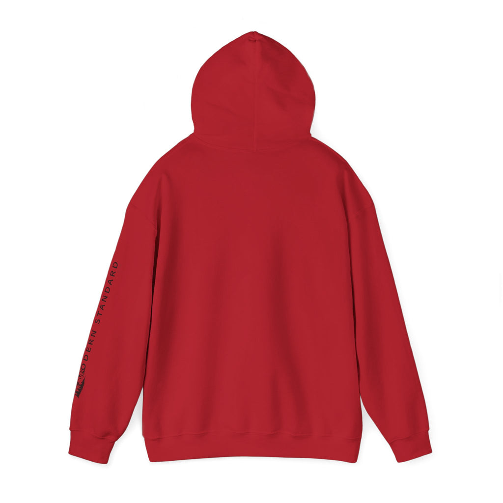 Modern Standard MS Logo Hoodie — Minimal White Pullover with Sleeve Graphic