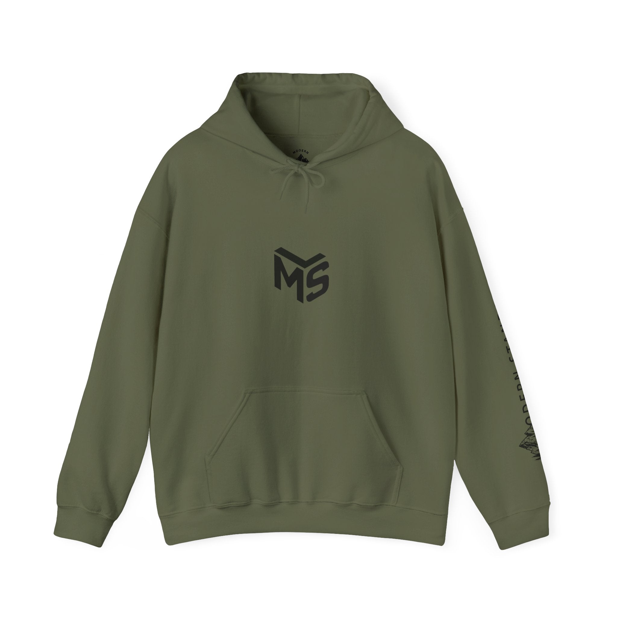 Modern Standard MS Logo Hoodie — Minimal White Pullover with Sleeve Graphic