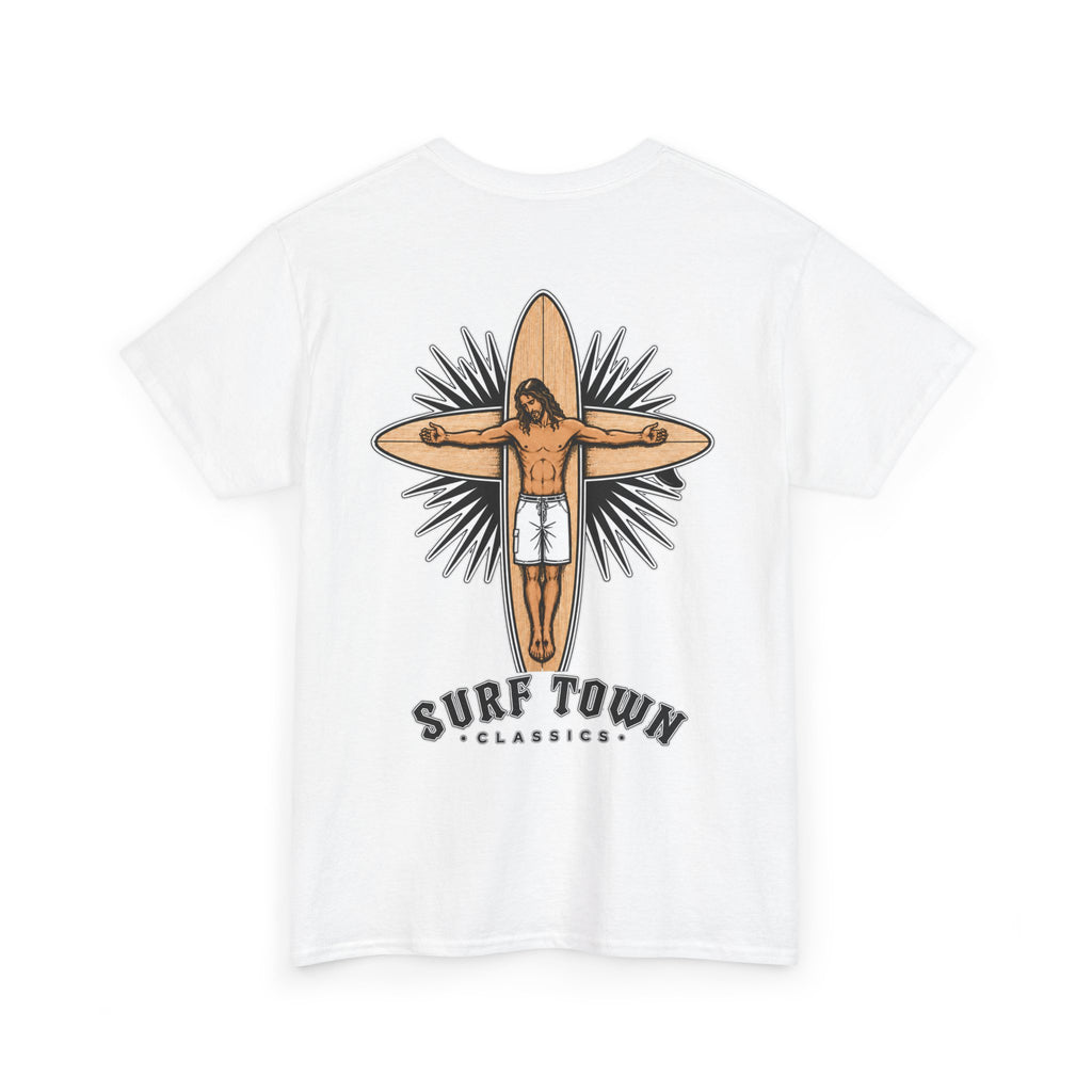 The Religion of Surfing -Surf Town Classics Tee — Surfboard Jesus Design T-Shirt