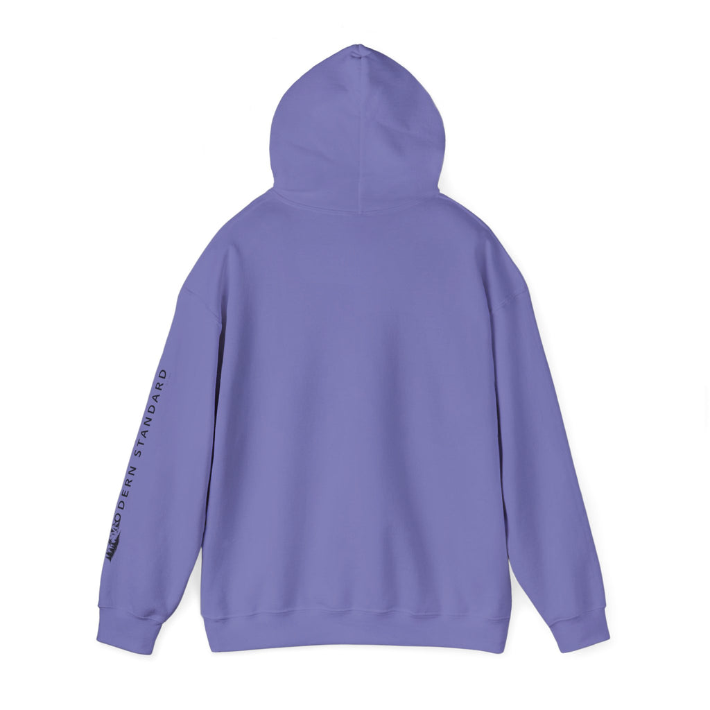 Modern Standard MS Logo Hoodie — Minimal White Pullover with Sleeve Graphic