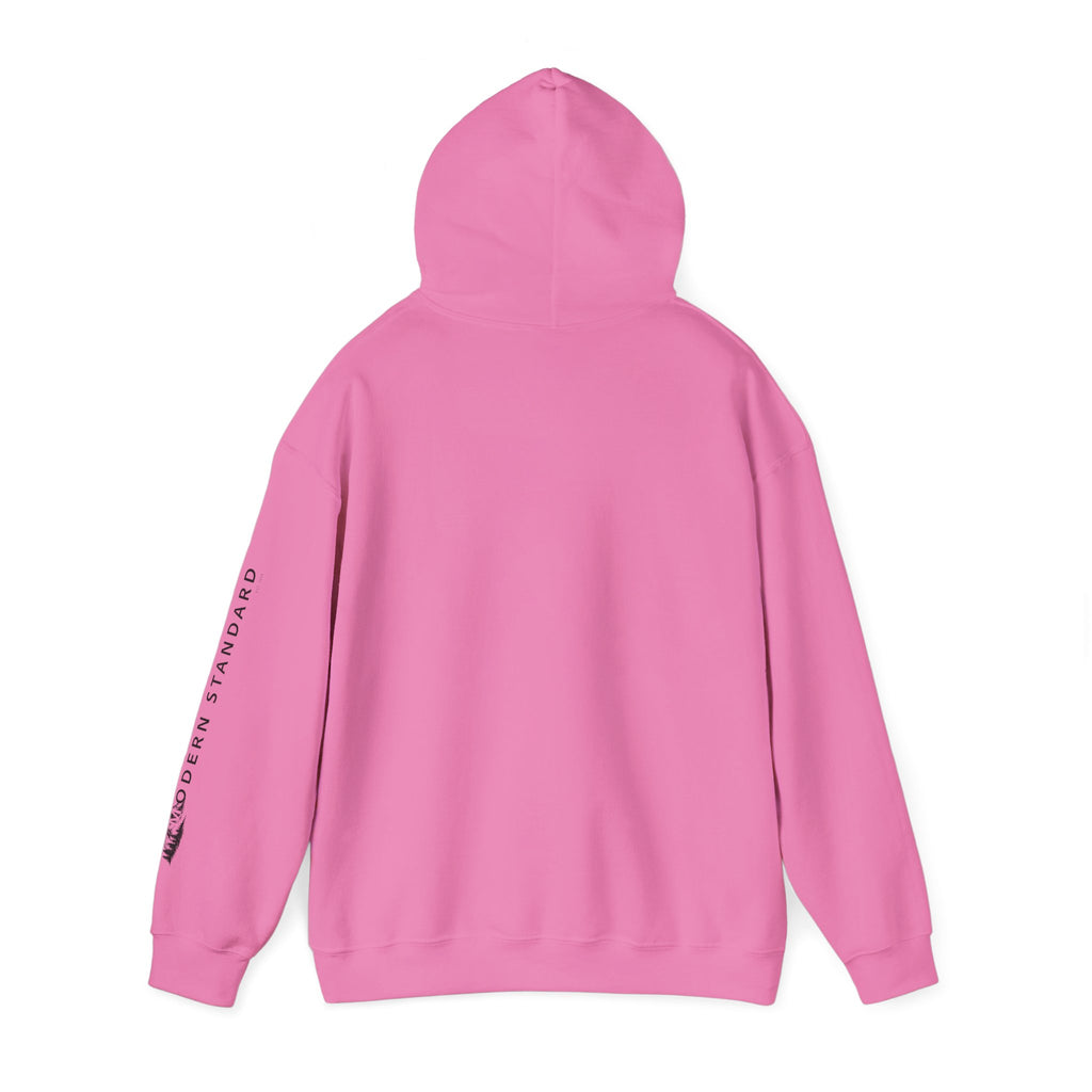 Modern Standard MS Logo Hoodie — Minimal White Pullover with Sleeve Graphic